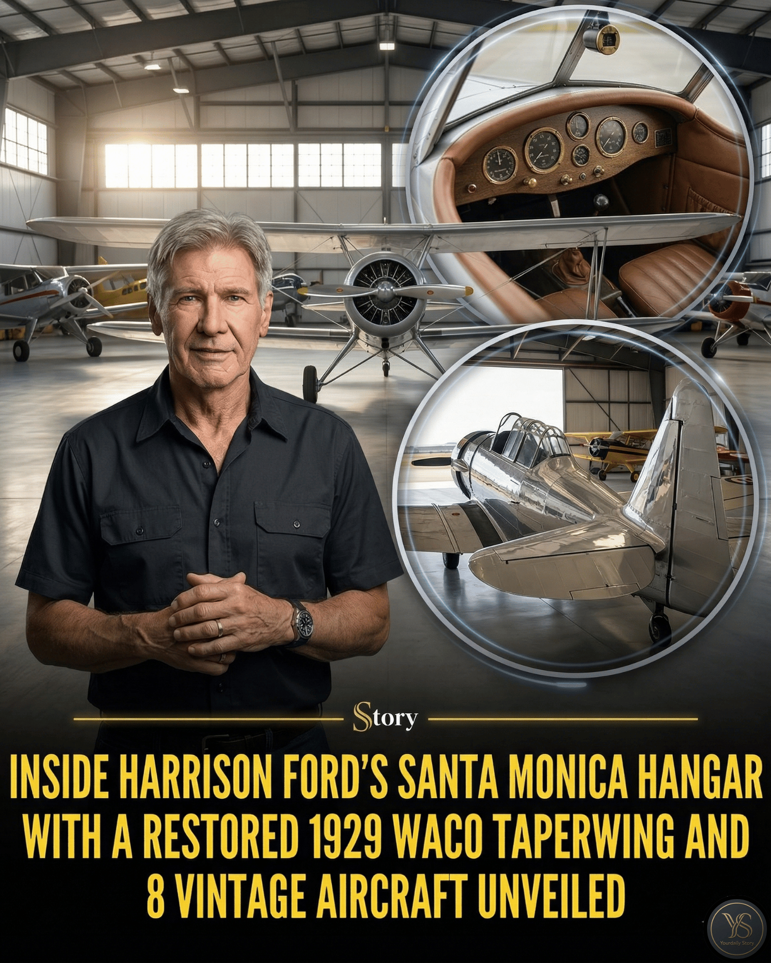 Inside Harrison Ford’s Santa Monica Hangar with a Restored 1929 Waco Taperwing and 8 Vintage Aircraft Unveiled.