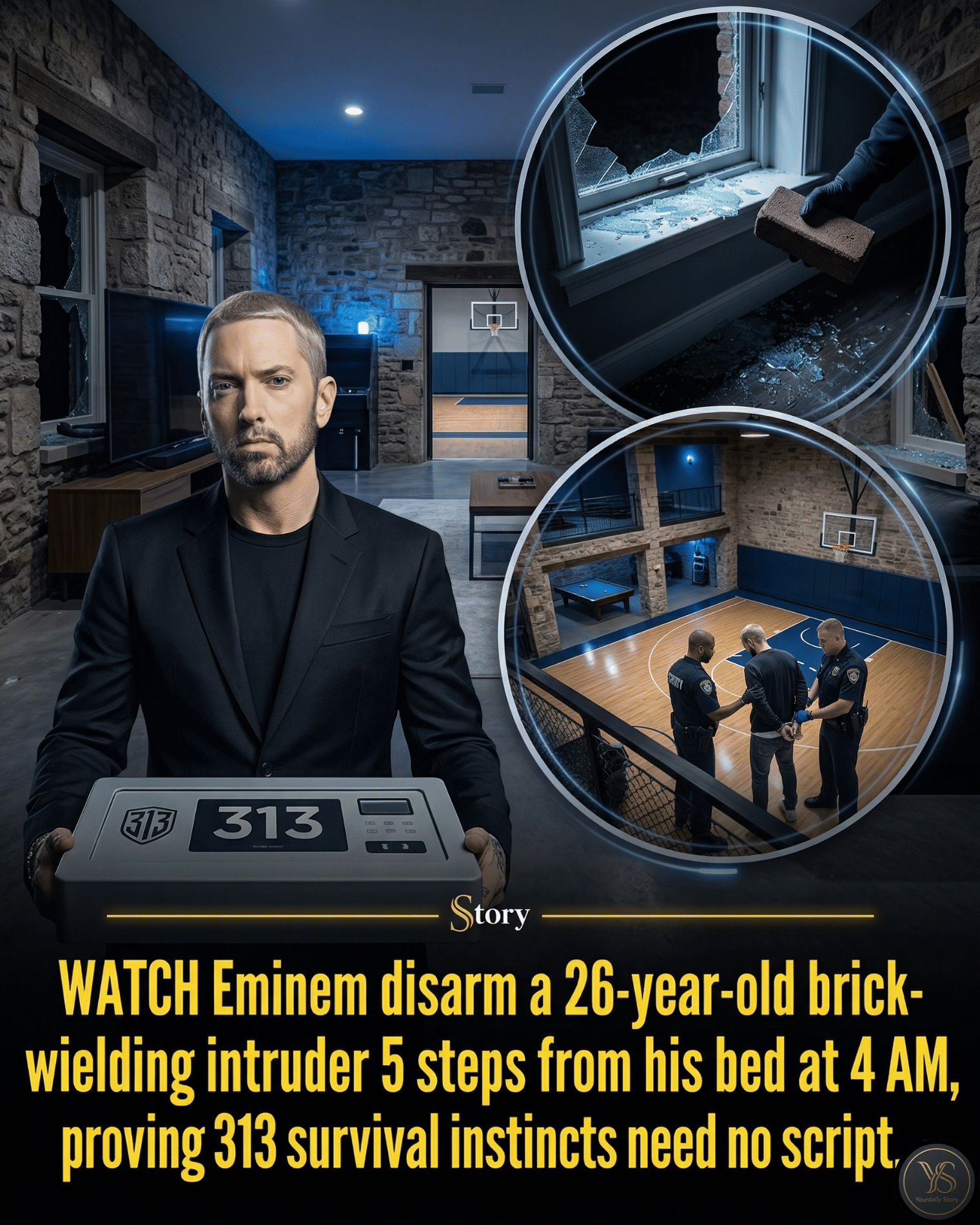 WATCH Eminem disarm a 26-year-old brick-wielding intruder 5 steps from his bed at 4 AM, proving his 313 survival instincts need no script.