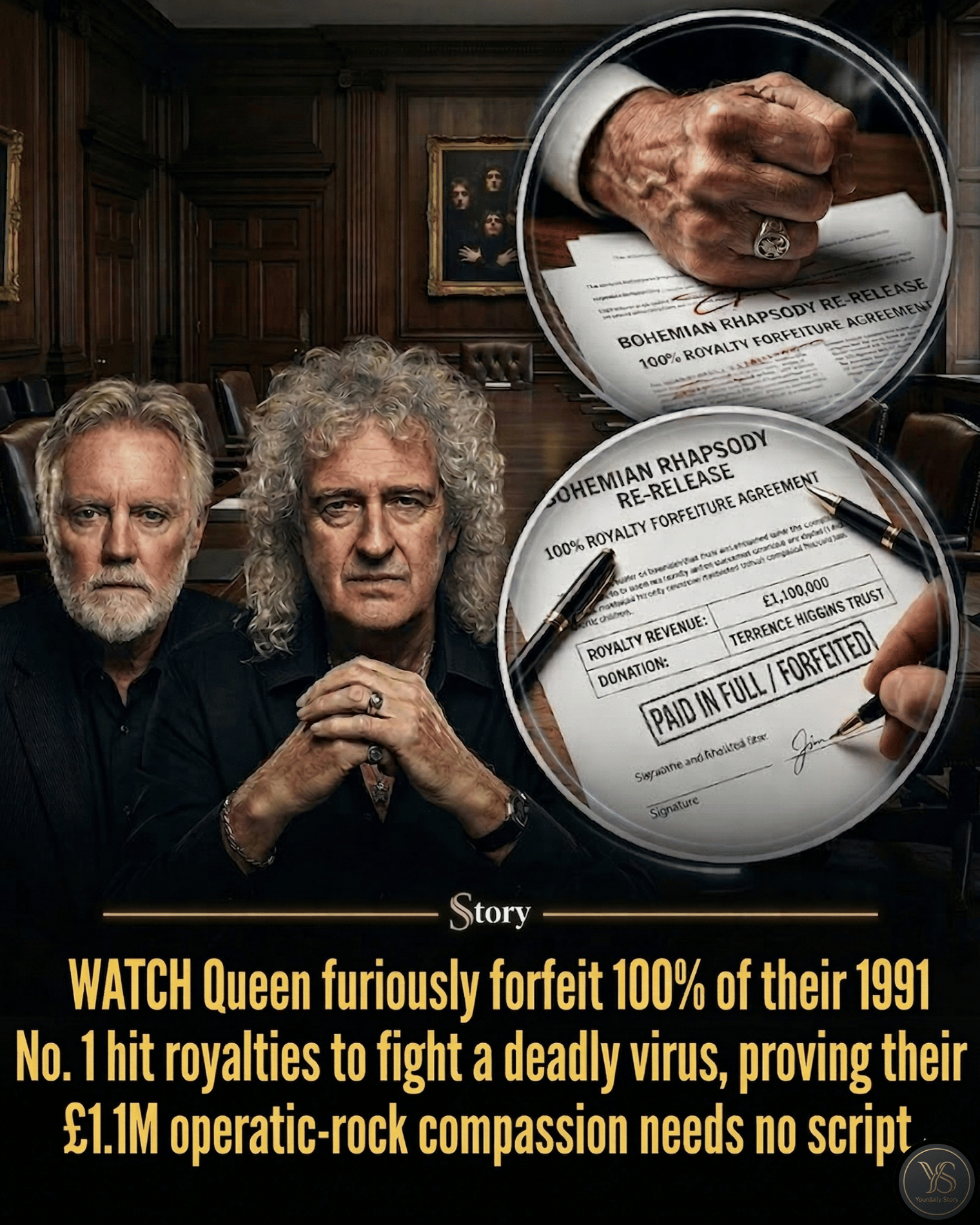 WATCH Queen furiously forfeit 100% of their 1991 No. 1 hit royalties to fight a deadly virus, proving their £1.1M operatic-rock compassion needs no script.