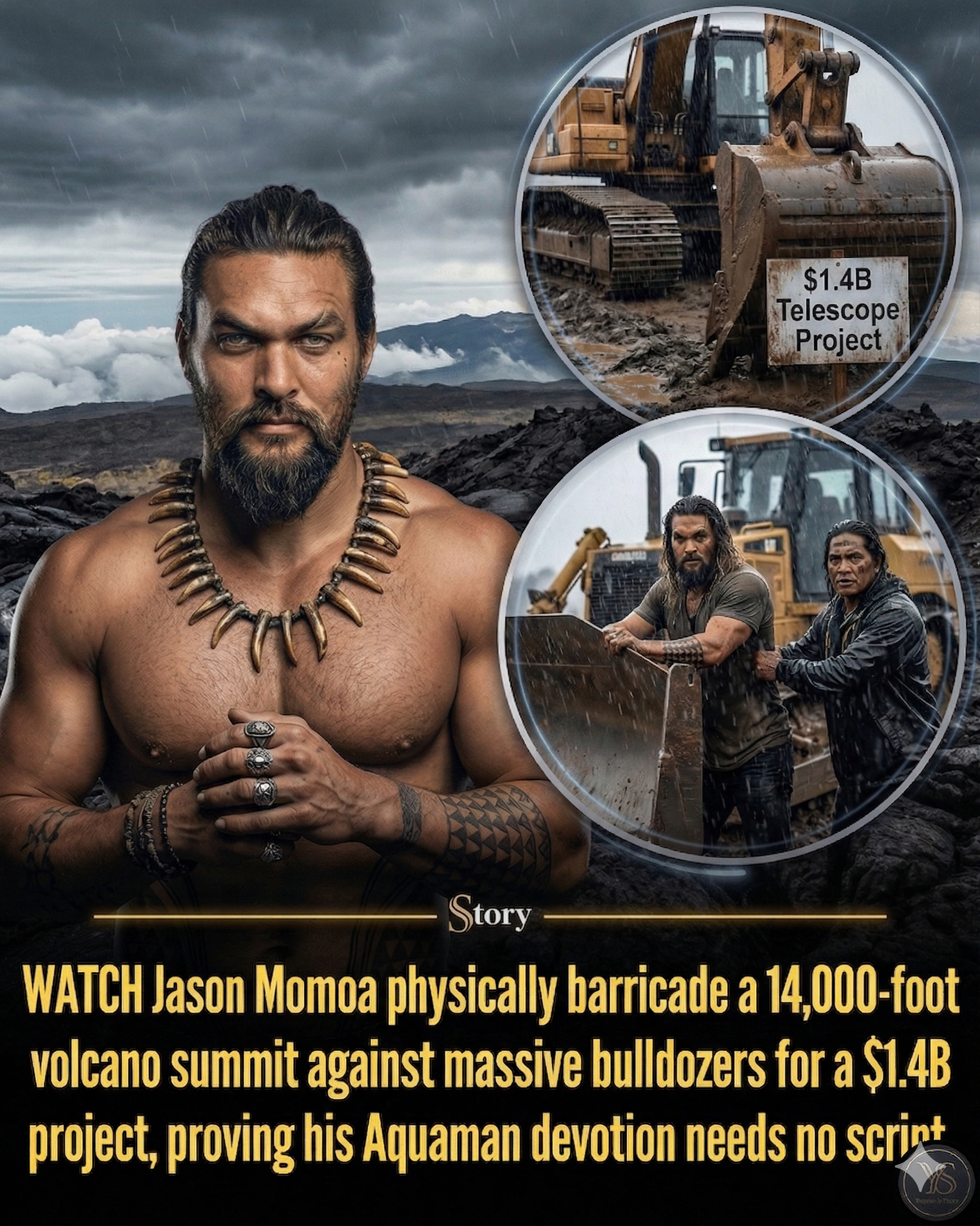 WATCH Jason Momoa physically barricade a 14,000-foot volcano summit against massive bulldozers for a $1.4B project, proving his Aquaman devotion needs no script.