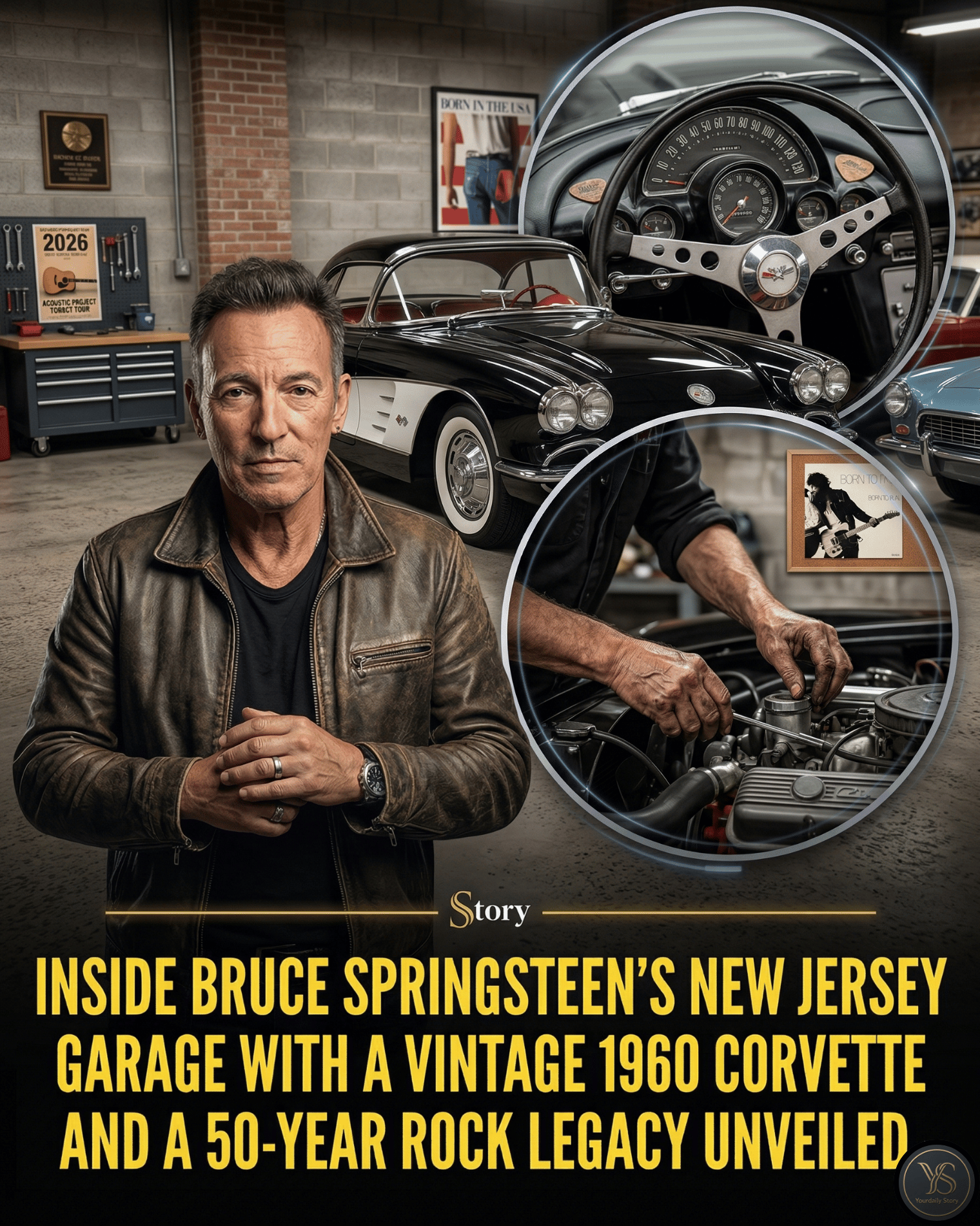 Inside Bruce Springsteen’s New Jersey garage with a vintage 1960 Corvette and a 50-year rock legacy unveiled.