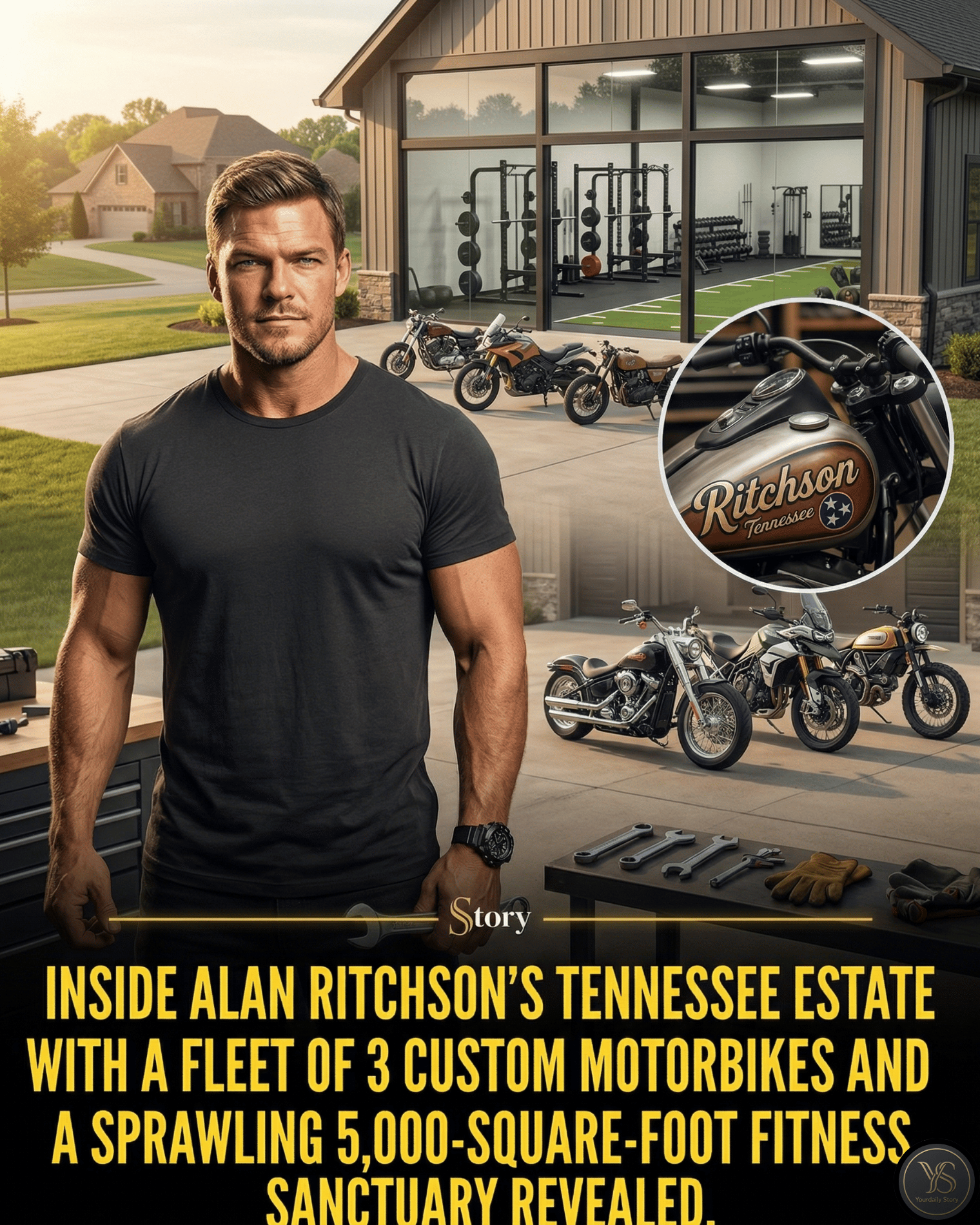 Inside Alan Ritchson’s Tennessee estate with a fleet of 3 custom motorbikes and a sprawling 5,000-square-foot fitness sanctuary revealed.