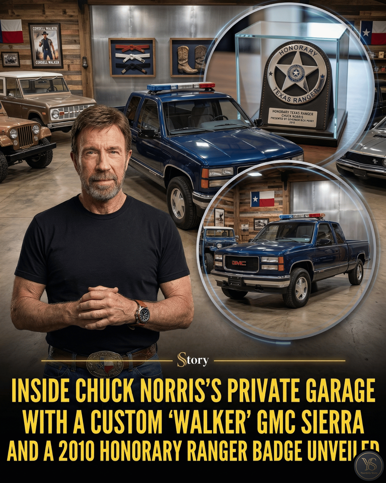 Inside Chuck Norris’s private garage with a custom “Walker” GMC Sierra and a 2010 Honorary Ranger badge unveiled.