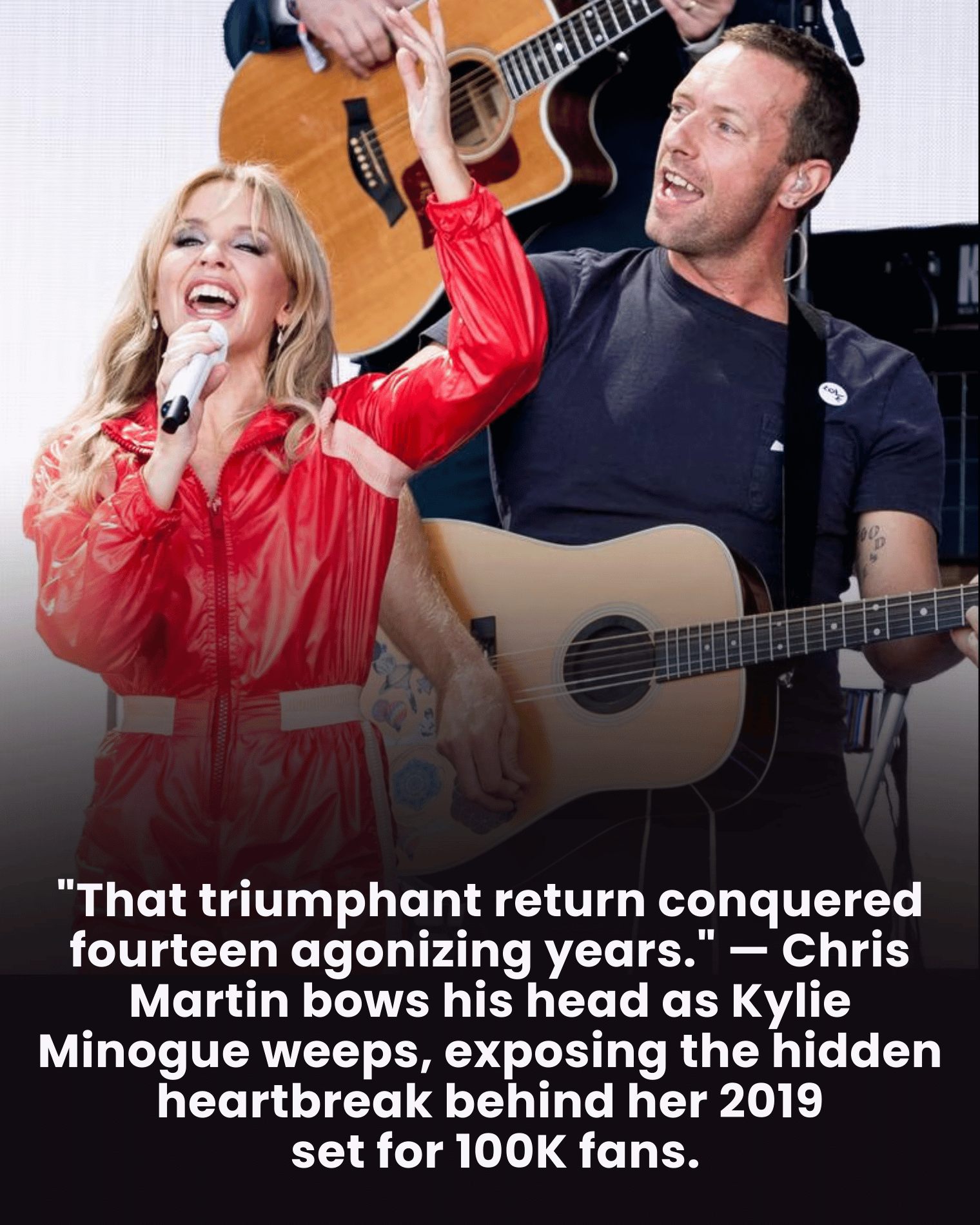 “That triumphant return conquered fourteen agonizing years.” — Chris Martin bows his head as Kylie Minogue weeps, exposing the hidden heartbreak behind her 2019 set for 100K fans.