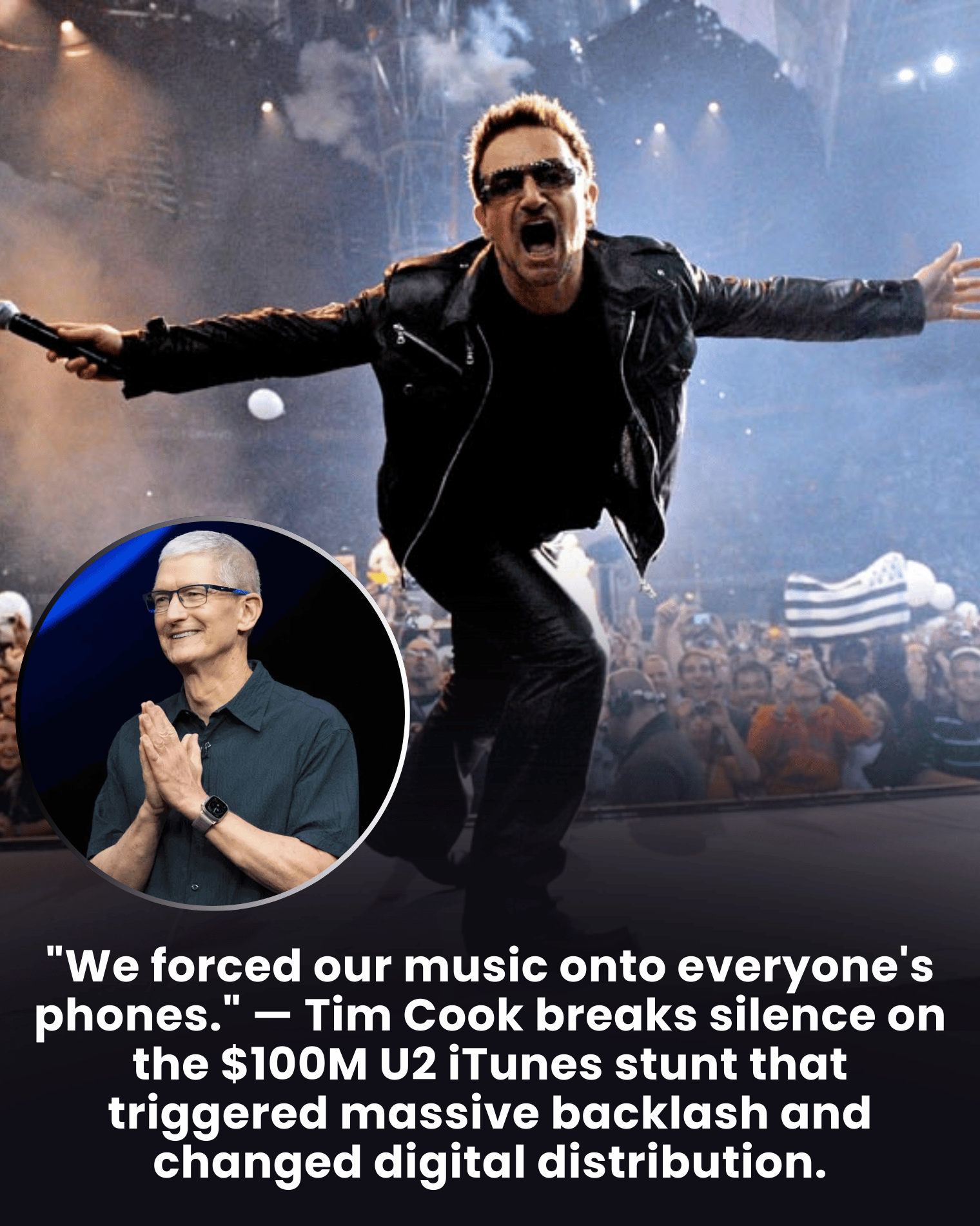 “We forced our music onto everyone’s phones.” — Tim Cook breaks silence on the $100M U2 iTunes stunt that triggered massive backlash and changed digital distribution.