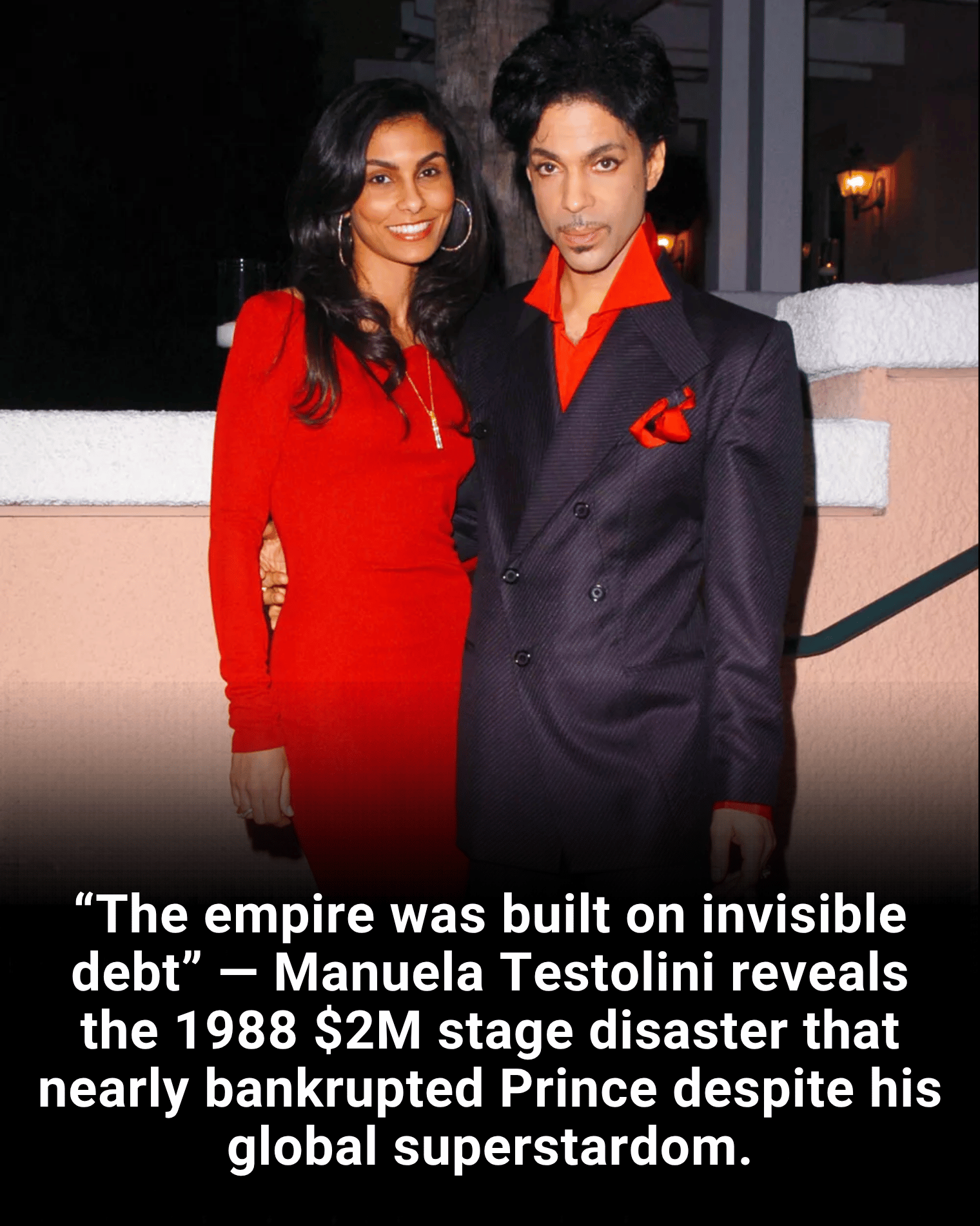 “The empire was built on invisible debt” — Manuela Testolini reveals the 1988 $2M stage disaster that nearly bankrupted Prince despite his global superstardom.