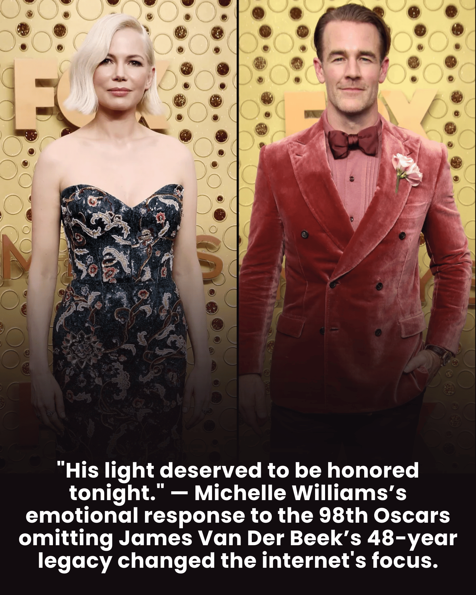 “His light deserved to be honored tonight.” — Michelle Williams’s emotional response to the 98th Oscars omitting James Van Der Beek’s 48-year legacy changed the internet’s focus.