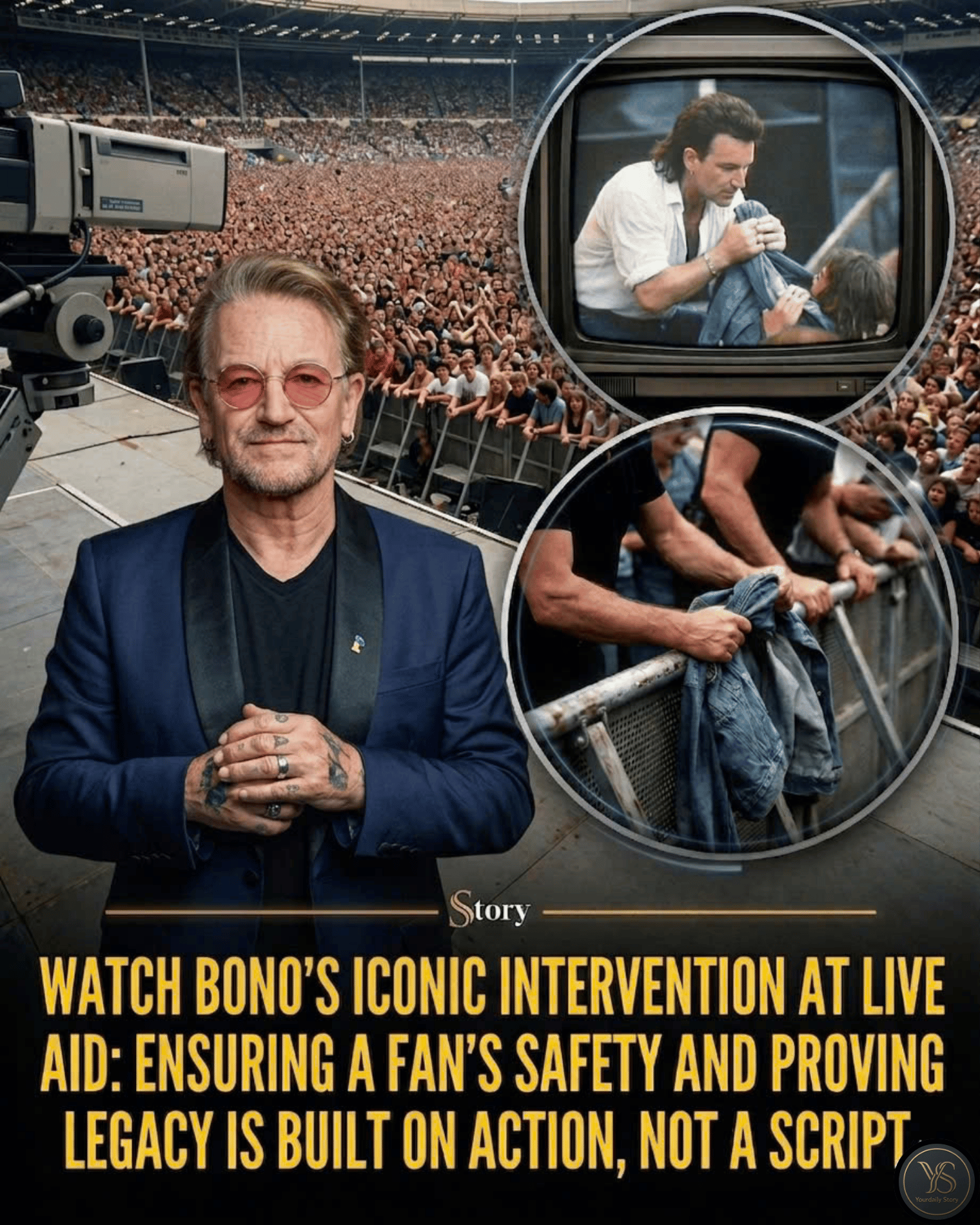 WATCH Bono plunge 10 feet off the Live Aid stage to pull a dying 15-year-old from 72,000 bodies, proving his 40-year legacy needs no script.
