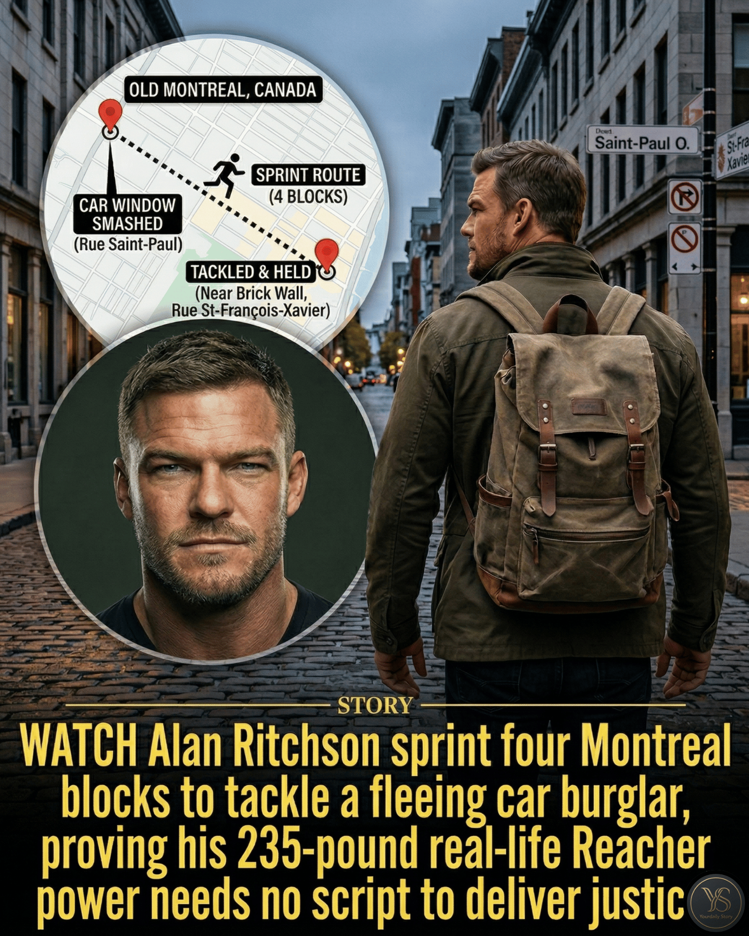 WATCH Alan Ritchson sprint four Montreal blocks to tackle a fleeing car burglar, proving his 235-pound real-life Reacher power needs no script to deliver justice.