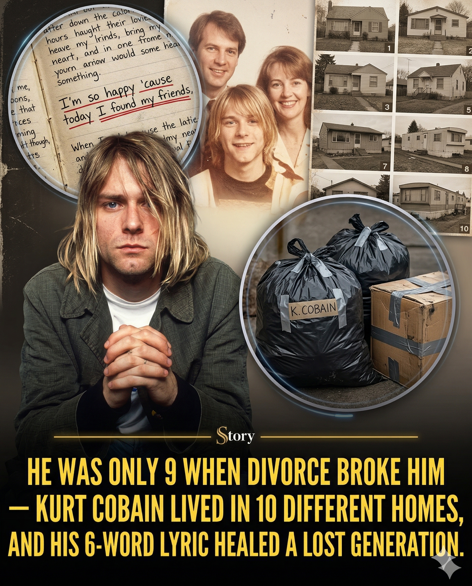 He Was Only 9 When Divorce Broke Him — Kurt Cobain Lived in 10 Different Homes, and His 6-Word Lyric Healed a Lost Generation.