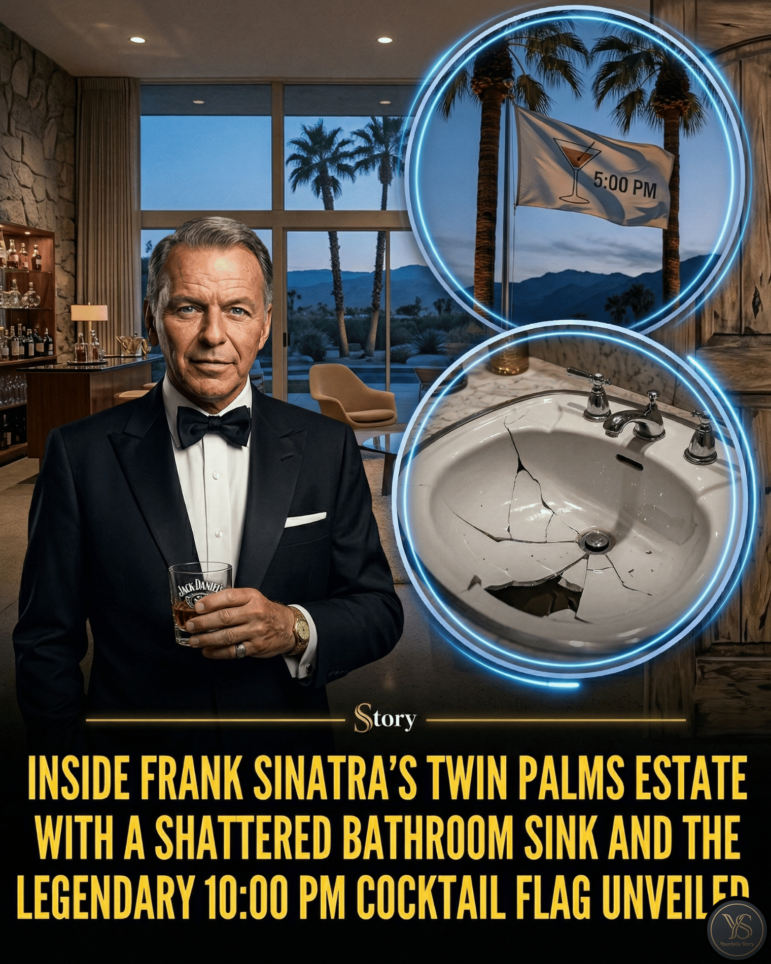 Inside Frank Sinatra’s Twin Palms estate with a shattered bathroom sink and the legendary 10:00 PM cocktail flag Unveiled.