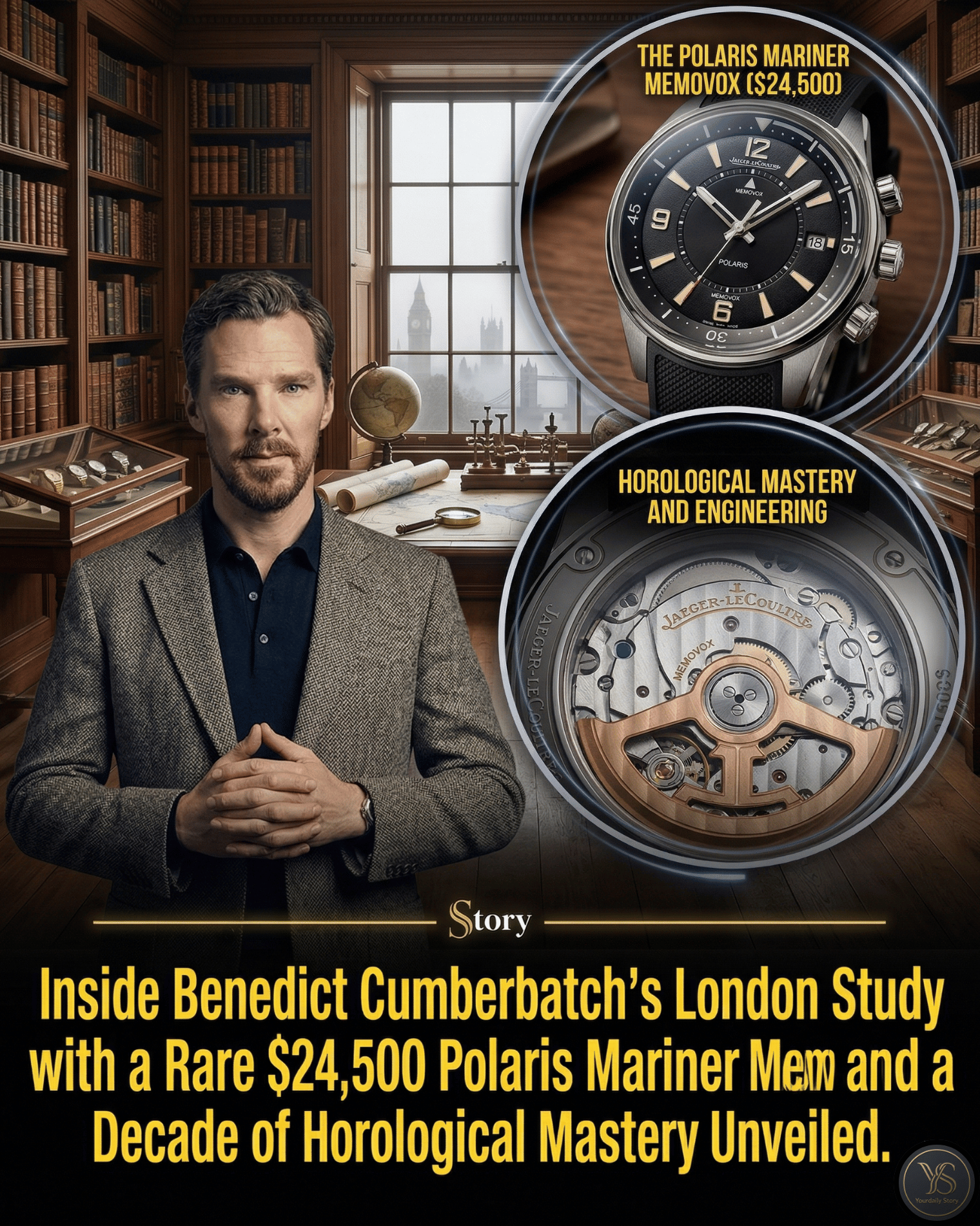 Inside Benedict Cumberbatch’s London Study with a Rare $24,500 Polaris Mariner Memovox and a Decade of Horological Mastery Unveiled.