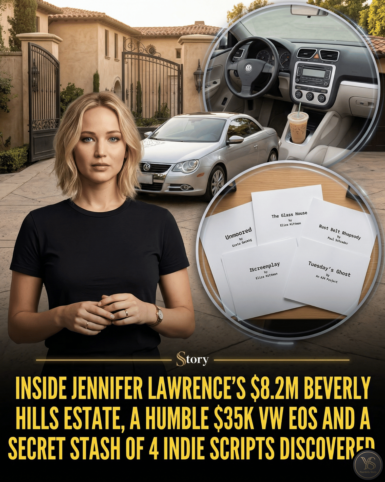 Inside Jennifer Lawrence’s $8.2M Beverly Hills Estate, a Humble $35K VW Eos and a Secret Stash of 4 Indie Scripts Discovered.