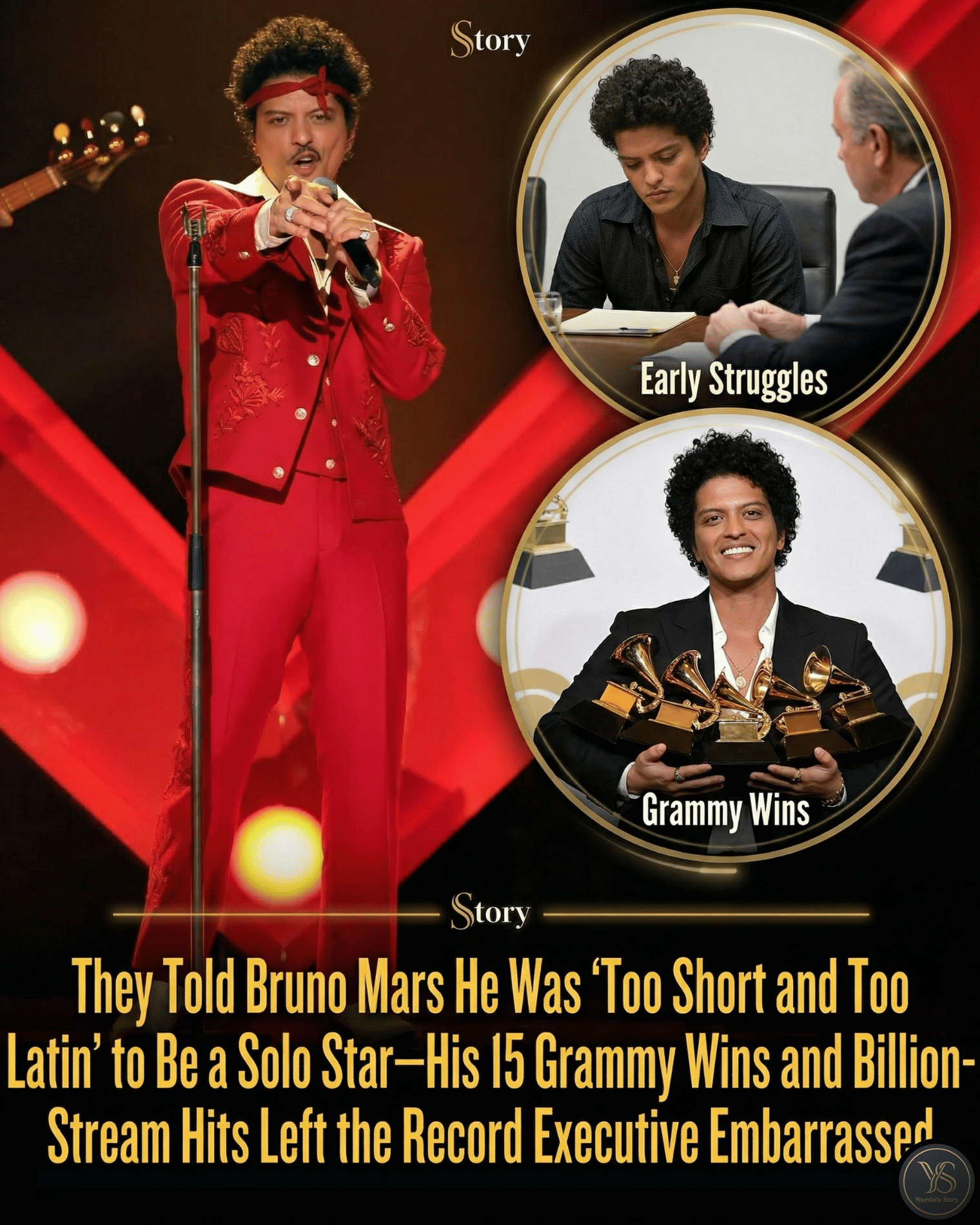 They Told Bruno Mars He Was “Too Short and Too Latin” to Be a Solo Star—His 15 Grammy Wins and Billion-Stream Hits Left the Record Executive Embarrassed.