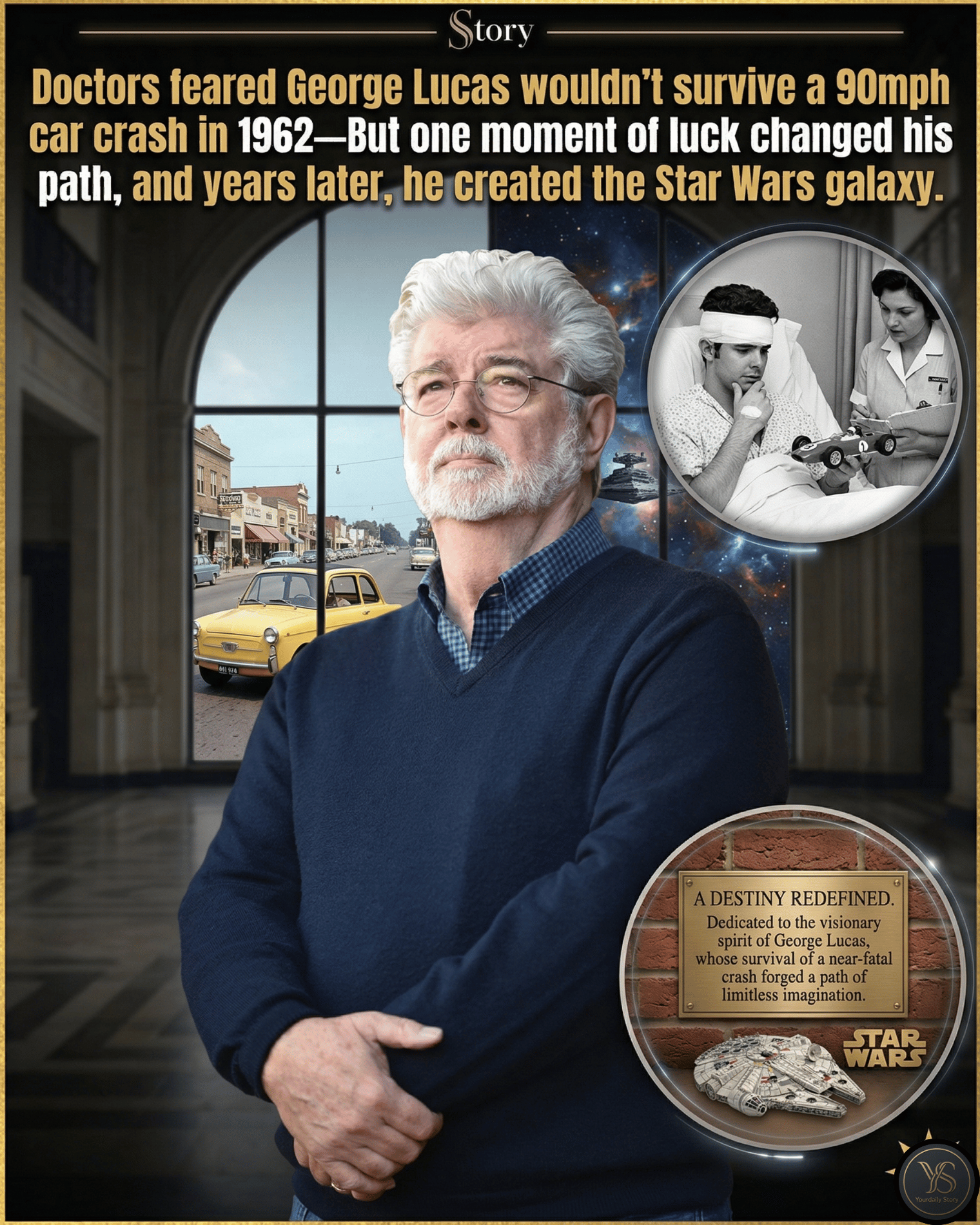 Doctors feared George Lucas wouldn’t survive a 90mph car crash in 1962—But one moment of luck changed his path, and years later, he created the Star Wars galaxy.