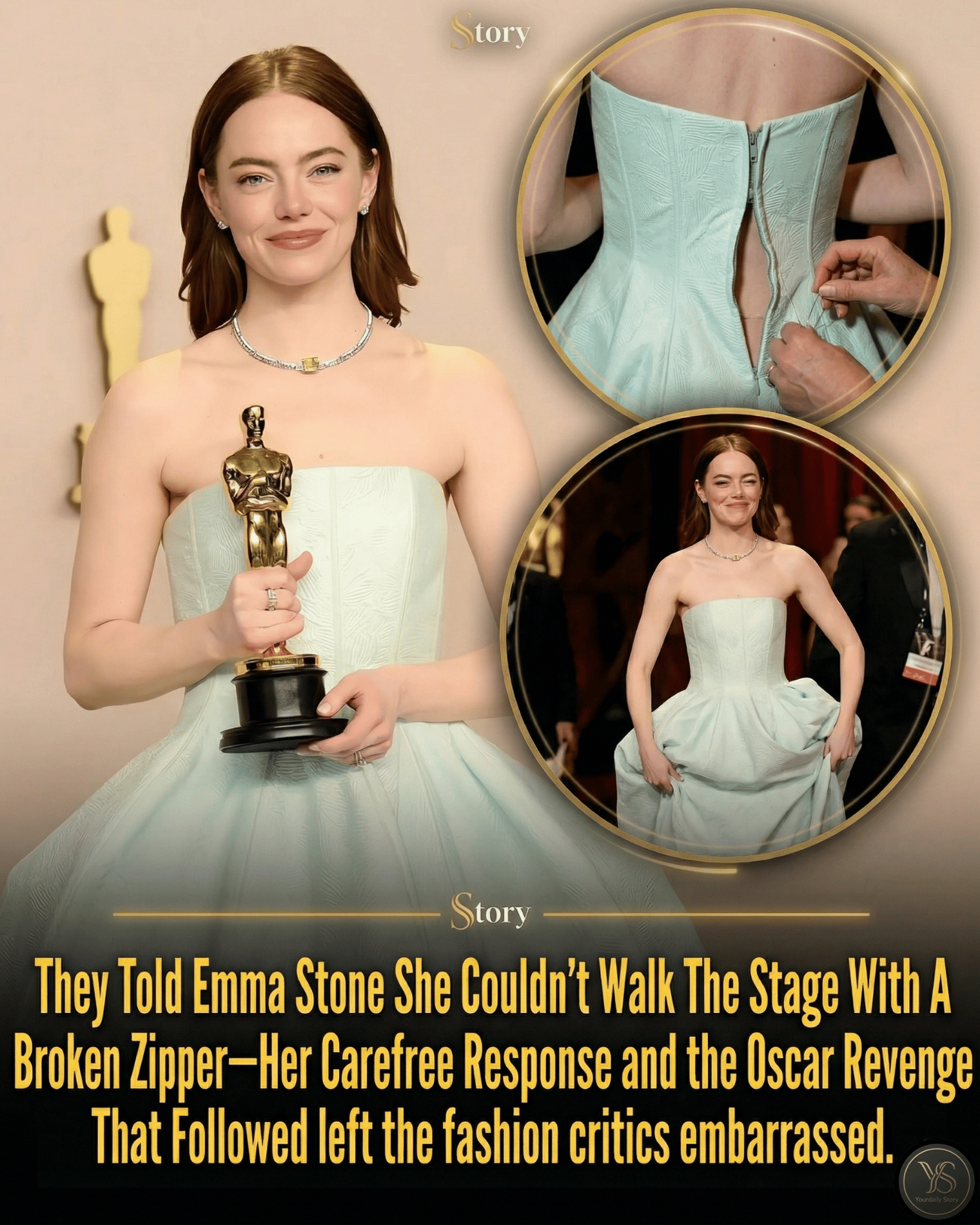 They Told Emma Stone She Couldn’t Walk The Stage With A Broken Zipper—Her Carefree Response and the Oscar Revenge That Followed left the fashion critics embarrassed.
