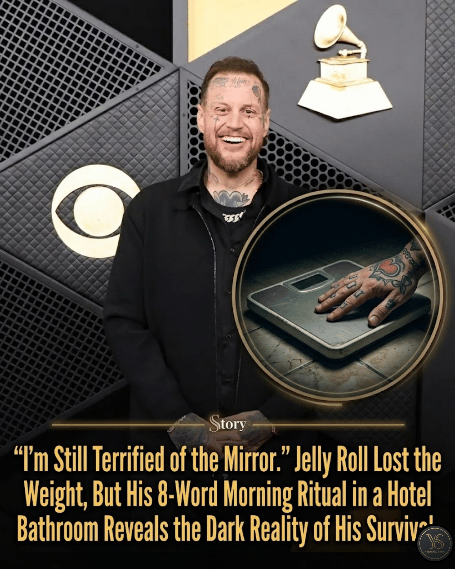 “I’m Still Terrified of the Mirror.” Jelly Roll Lost the Weight, But His 8-Word Morning Ritual in a Hotel Bathroom Reveals the Dark Reality of His Survival.