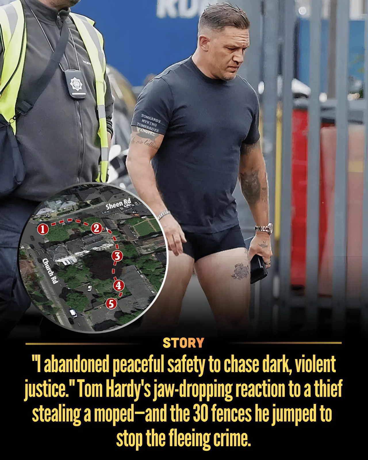 “I abandoned peaceful safety to chase dark, violent justice.” Tom Hardy’s jaw-dropping reaction to a thief stealing a moped—and the 30 fences he jumped to stop the fleeing crime.