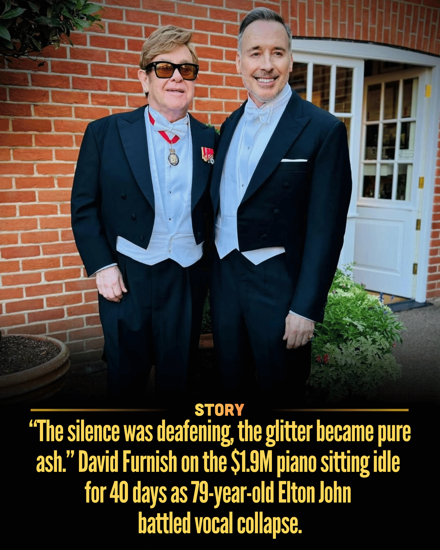 “The silence was deafening, the glitter became pure ash.” David Furnish on the $1.9M piano sitting idle for 40 days as 79-year-old Elton John battled vocal collapse.