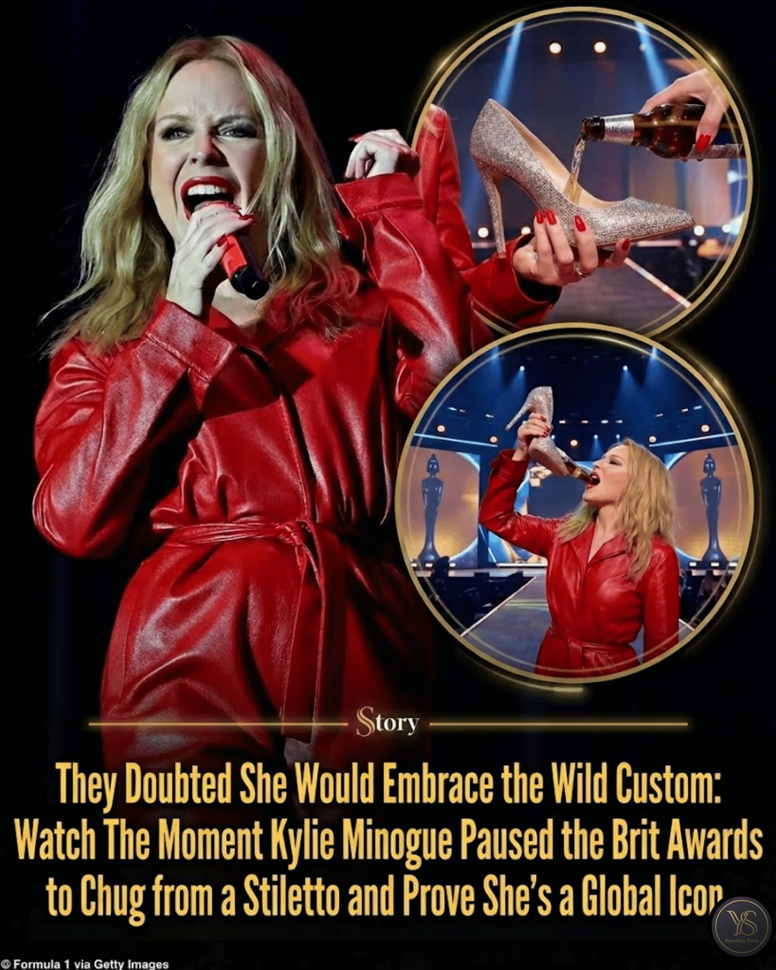 They Doubted She Would Embrace the Wild Custom: Watch The Moment Kylie Minogue Paused the Brit Awards to Chug from a Stiletto and Prove She’s a Global Icon.