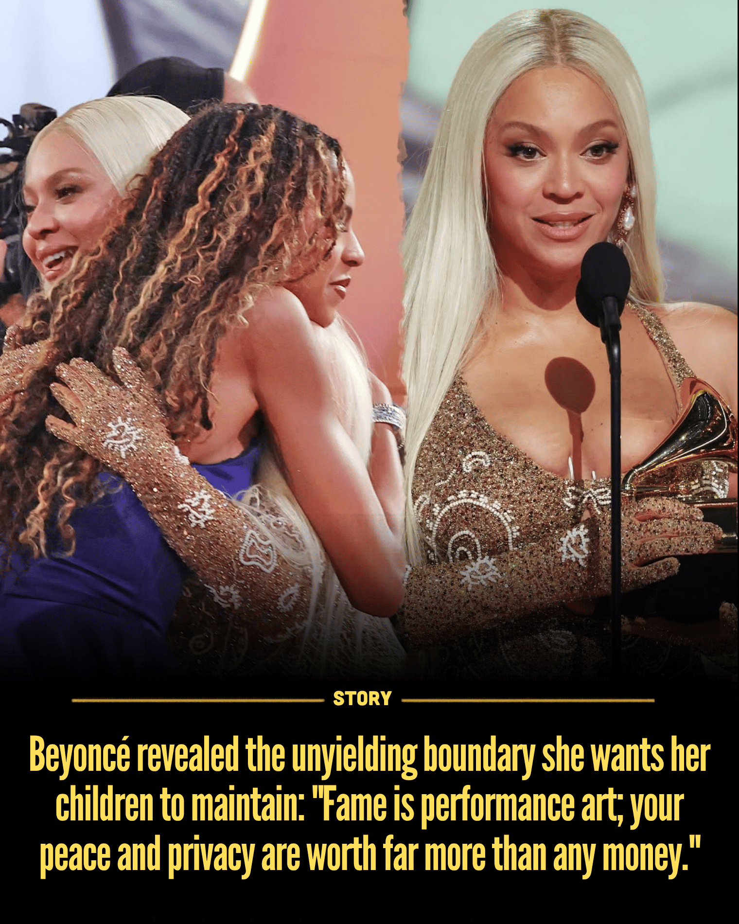 Beyoncé revealed the unyielding boundary she wants her children to maintain: “Fame is performance art; your peace and privacy are worth far more than any money.”