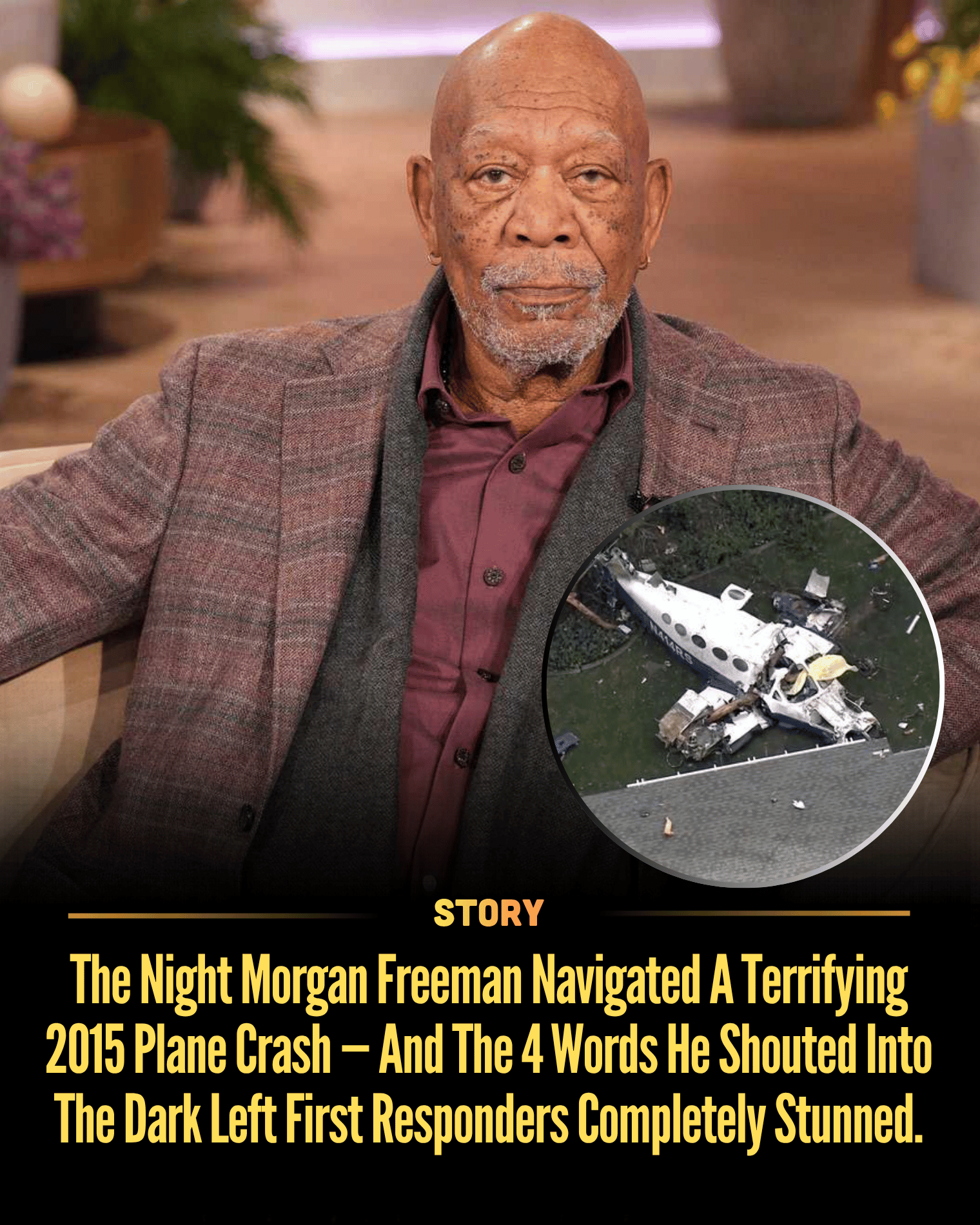 The Night Morgan Freeman Navigated A Terrifying 2015 Plane Crash — And The 4 Words He Shouted Into The Dark Left First Responders Completely Stunned.