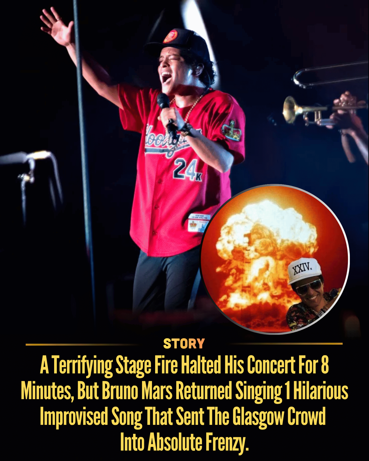 A Terrifying Stage Fire Halted His Concert For 8 Minutes, But Bruno Mars Returned Singing 1 Hilarious Improvised Song That Sent The Glasgow Crowd Into Absolute Frenzy.