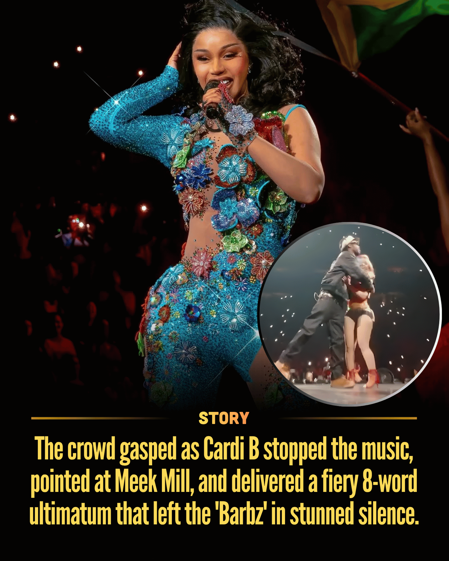 The crowd gasped as Cardi B stopped the music, pointed at Meek Mill, and delivered a fiery 8-word ultimatum that left the ‘Barbz’ in stunned silence.