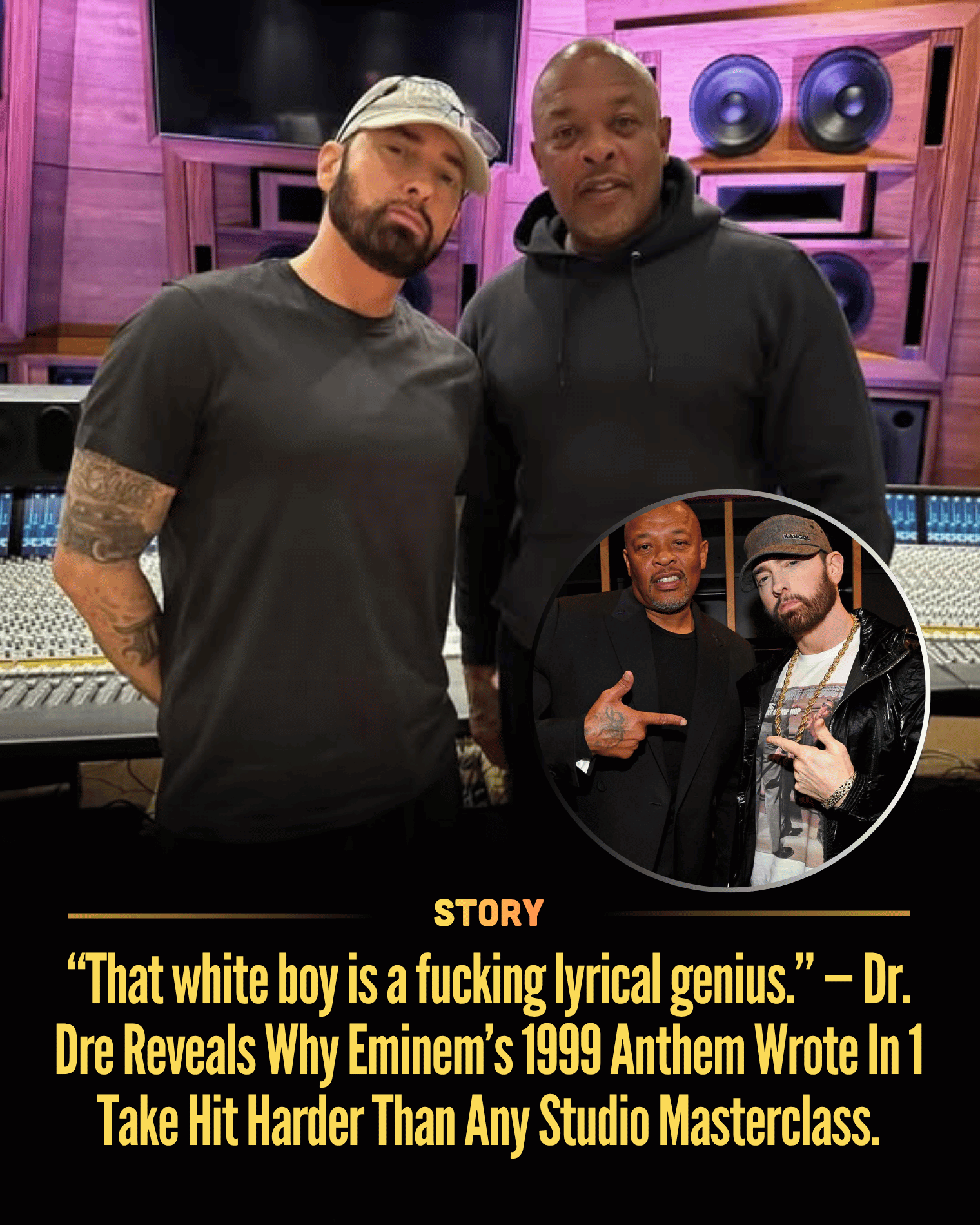 “That white boy is a fucking lyrical genius.” — Dr. Dre Reveals Why Eminem’s 1999 Anthem Wrote In 1 Take Hit Harder Than Any Studio Masterclass.