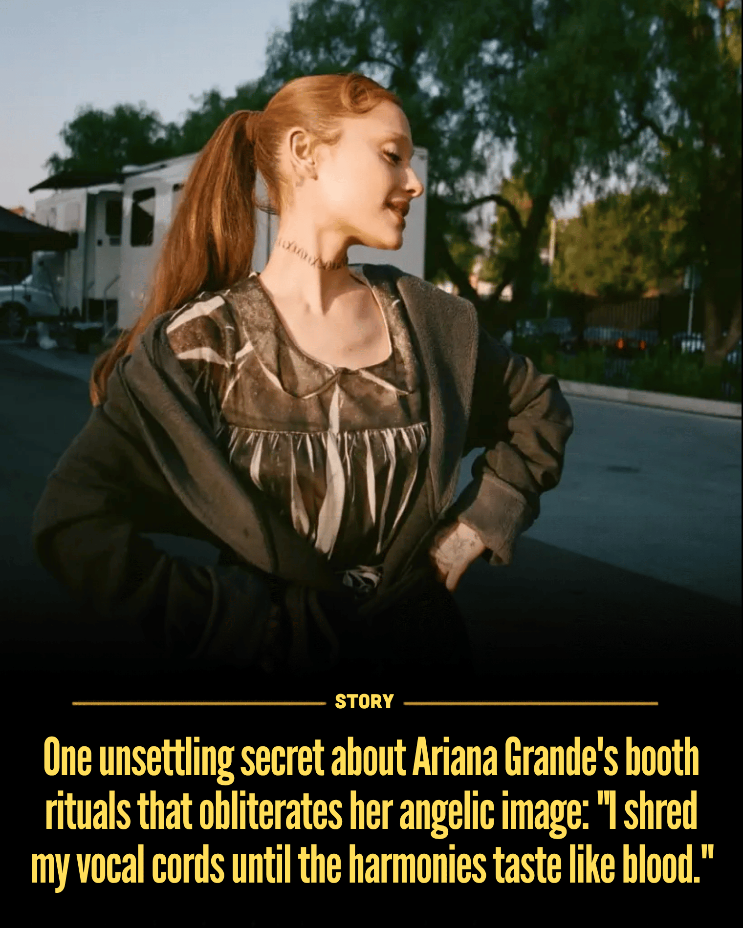 One unsettling secret about Ariana Grande’s booth rituals that obliterates her angelic image: “I shred my vocal cords until the harmonies taste like blood.”