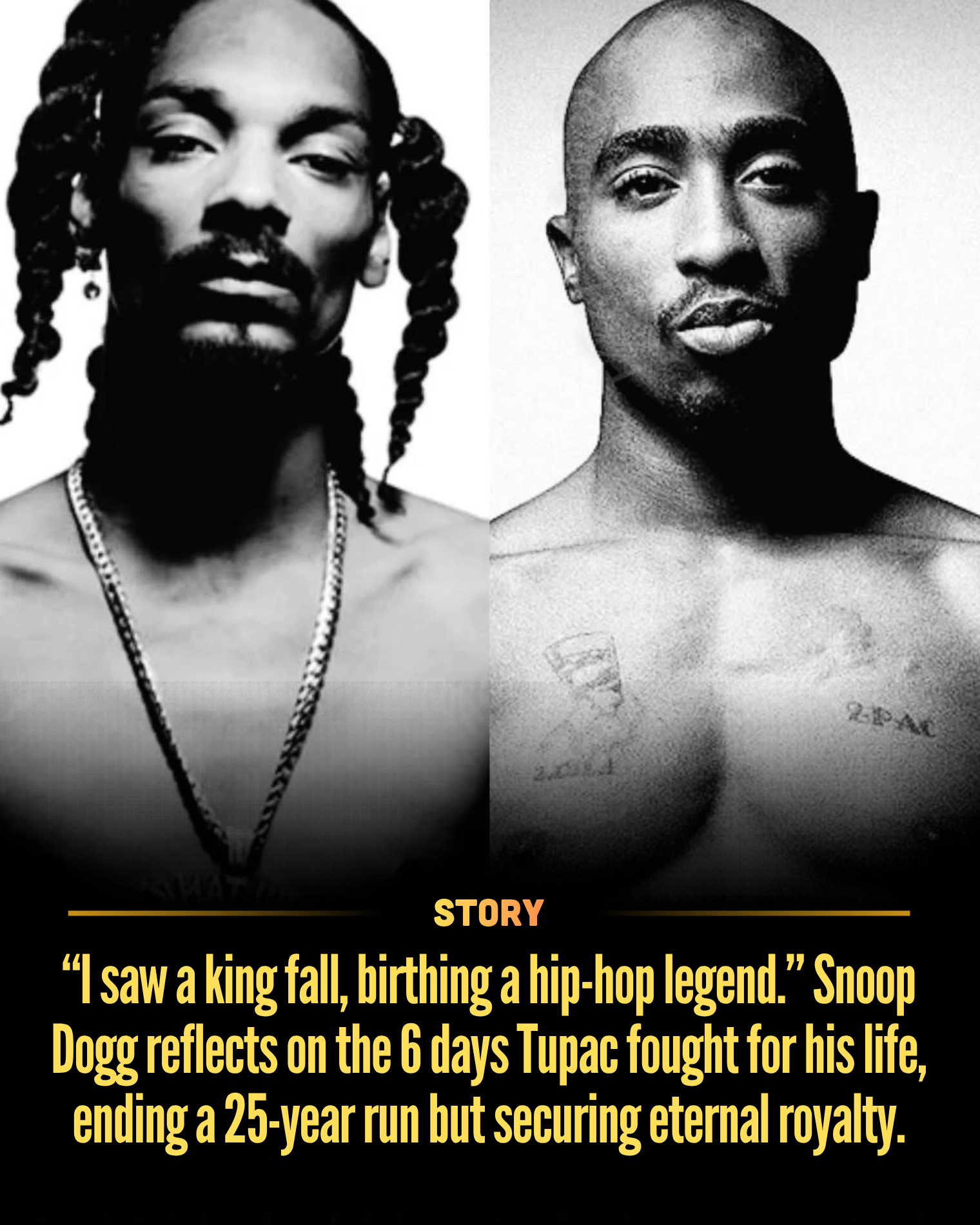“I saw a king fall, birthing a hip-hop legend.” Snoop Dogg reflects on the 6 days Tupac fought for his life, ending a 25-year run but securing eternal royalty.