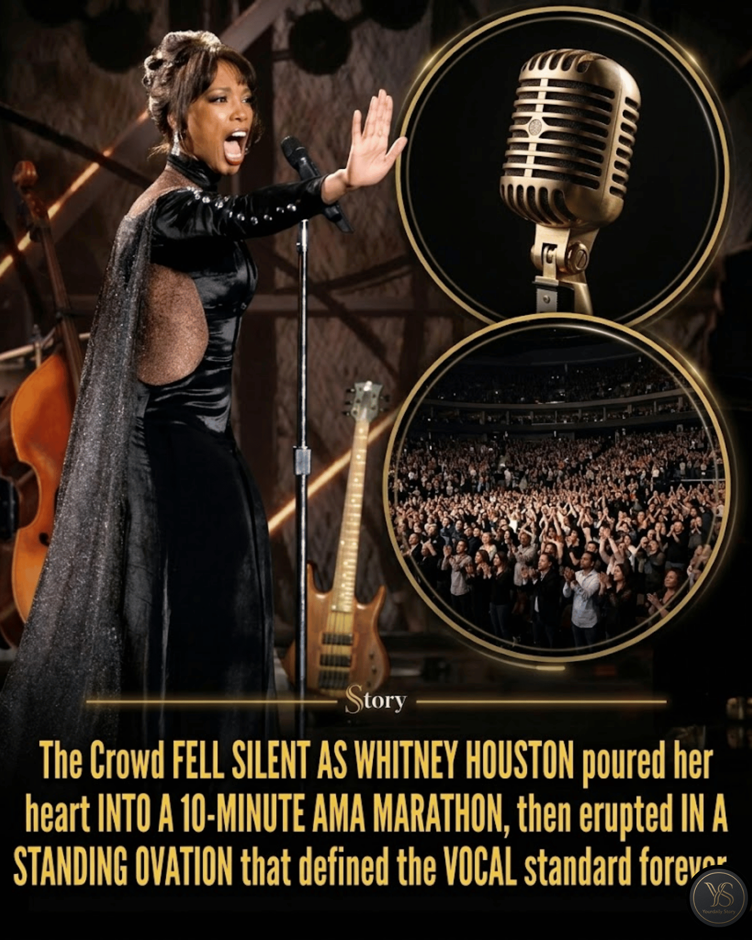The crowd fell silent as Whitney Houston poured her heart into a 10-minute AMA marathon, then erupted in a standing ovation that defined the vocal standard forever.