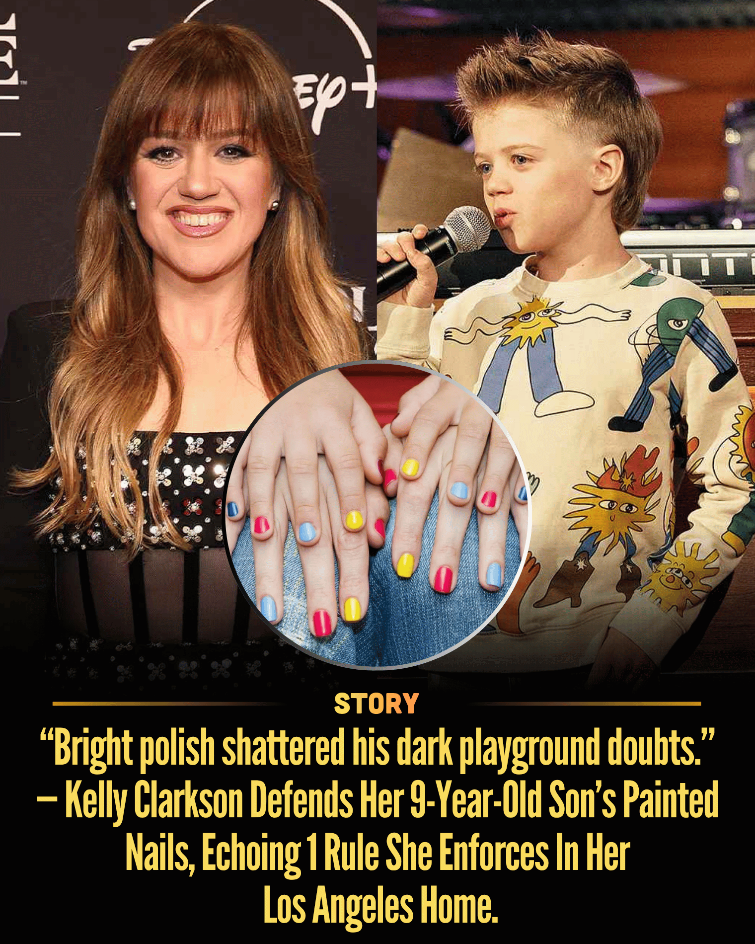 “Bright polish shattered his dark playground doubts.” — Kelly Clarkson Defends Her 9-Year-Old Son’s Painted Nails, Echoing 1 Rule She Enforces In Her Los Angeles Home.