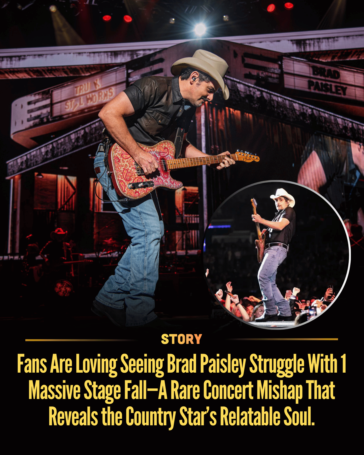 Fans Are Loving Seeing Brad Paisley Struggle With 1 Massive Stage Fall—A Rare Concert Mishap That Reveals the Country Star’s Relatable Soul.