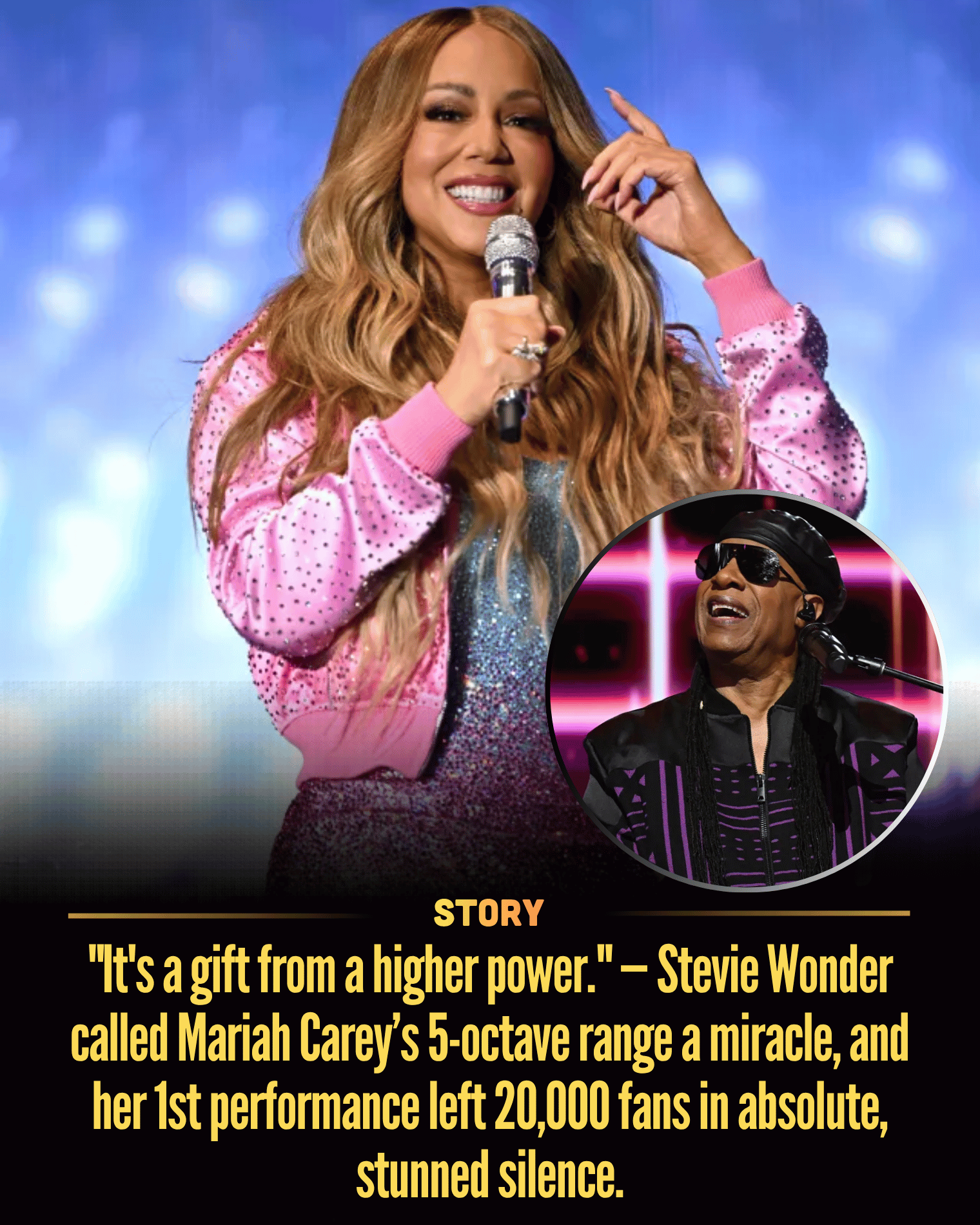 “It’s a gift from a higher power.” — Stevie Wonder called Mariah Carey’s 5-octave range a miracle, and her 1st performance left 20,000 fans in absolute, stunned silence.