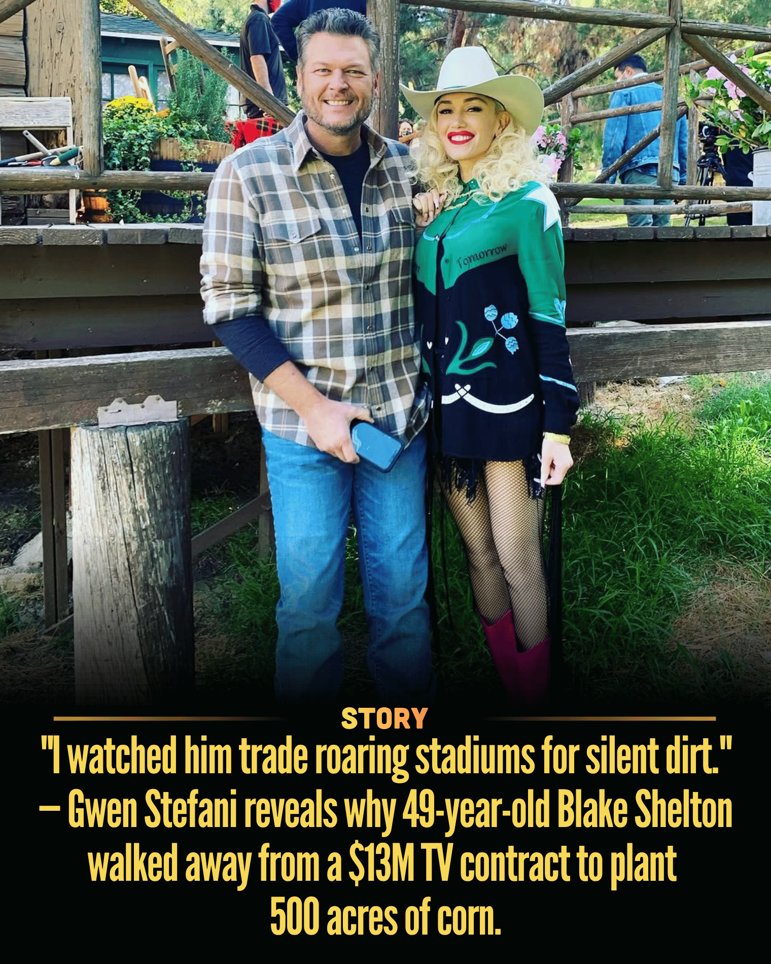 “I watched him trade roaring stadiums for silent dirt.” — Gwen Stefani reveals why 49-year-old Blake Shelton walked away from a $13M TV contract to plant 500 acres of corn.