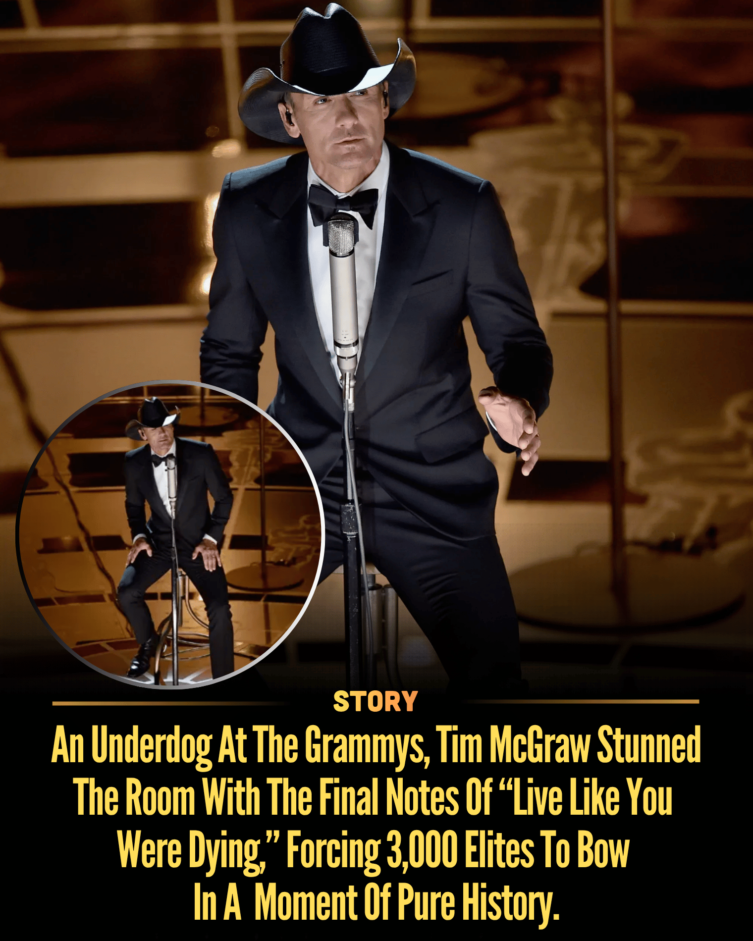 An Underdog At The Grammys, Tim McGraw Stunned The Room With The Final Notes Of “Live Like You Were Dying,” Forcing 3,000 Elites To Bow In A Moment Of Pure History.