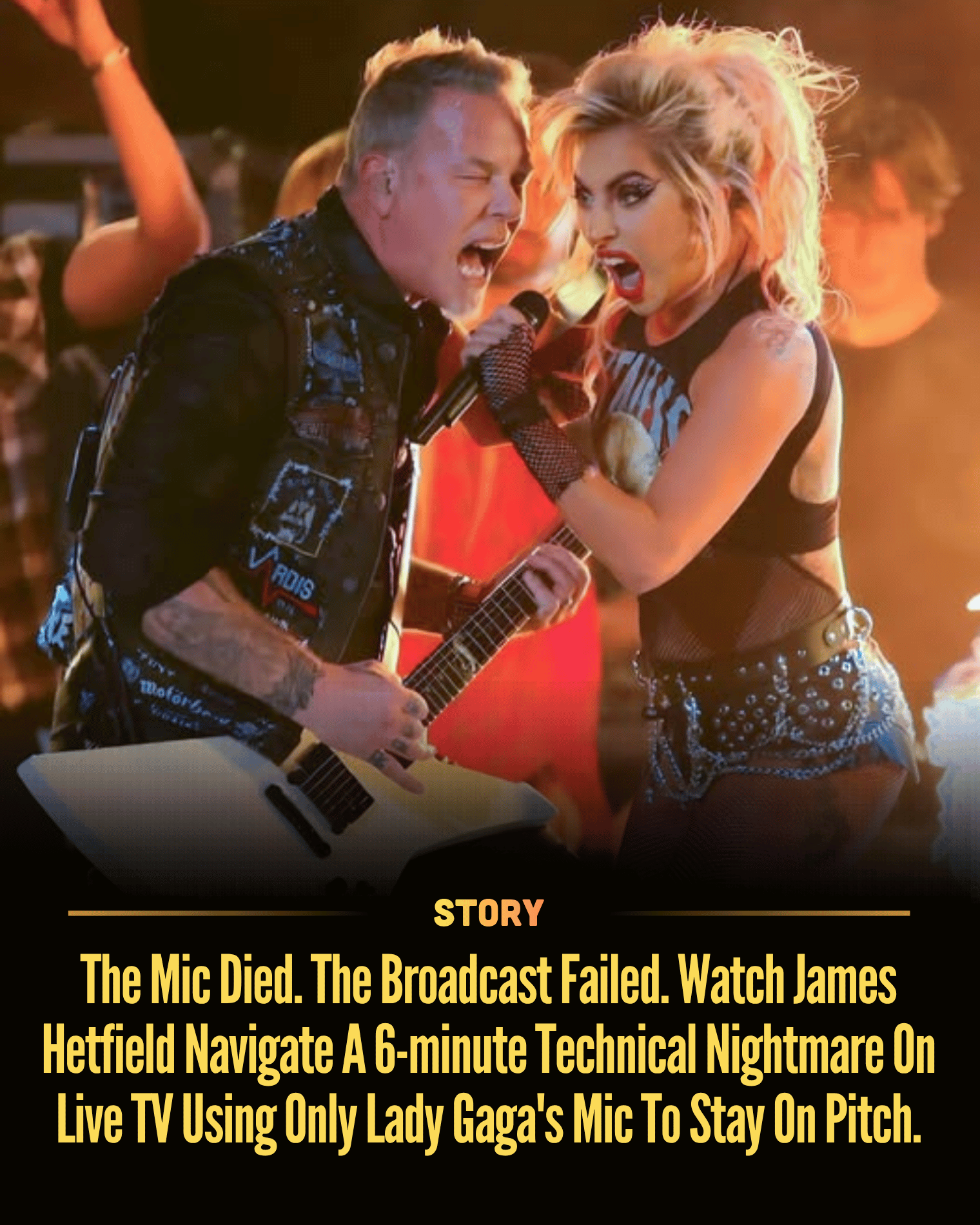The Mic Died. The Broadcast Failed. Watch James Hetfield Navigate A 6-minute Technical Nightmare On Live TV Using Only Lady Gaga’s Mic To Stay On Pitch.