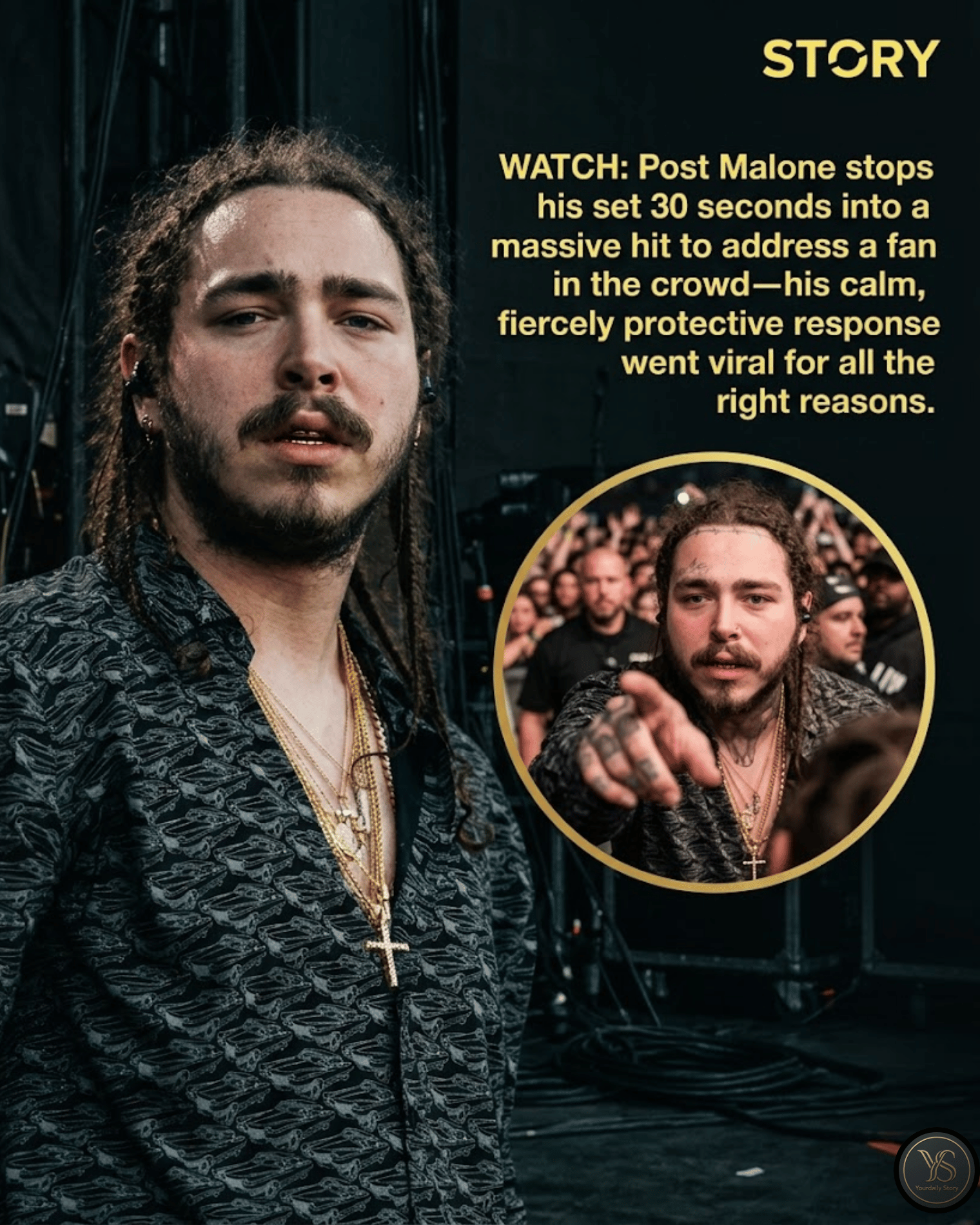 WATCH: Post Malone stops his set 30 seconds into a massive hit to address a fan in the crowd—his calm, fiercely protective response went viral for all the right reasons.