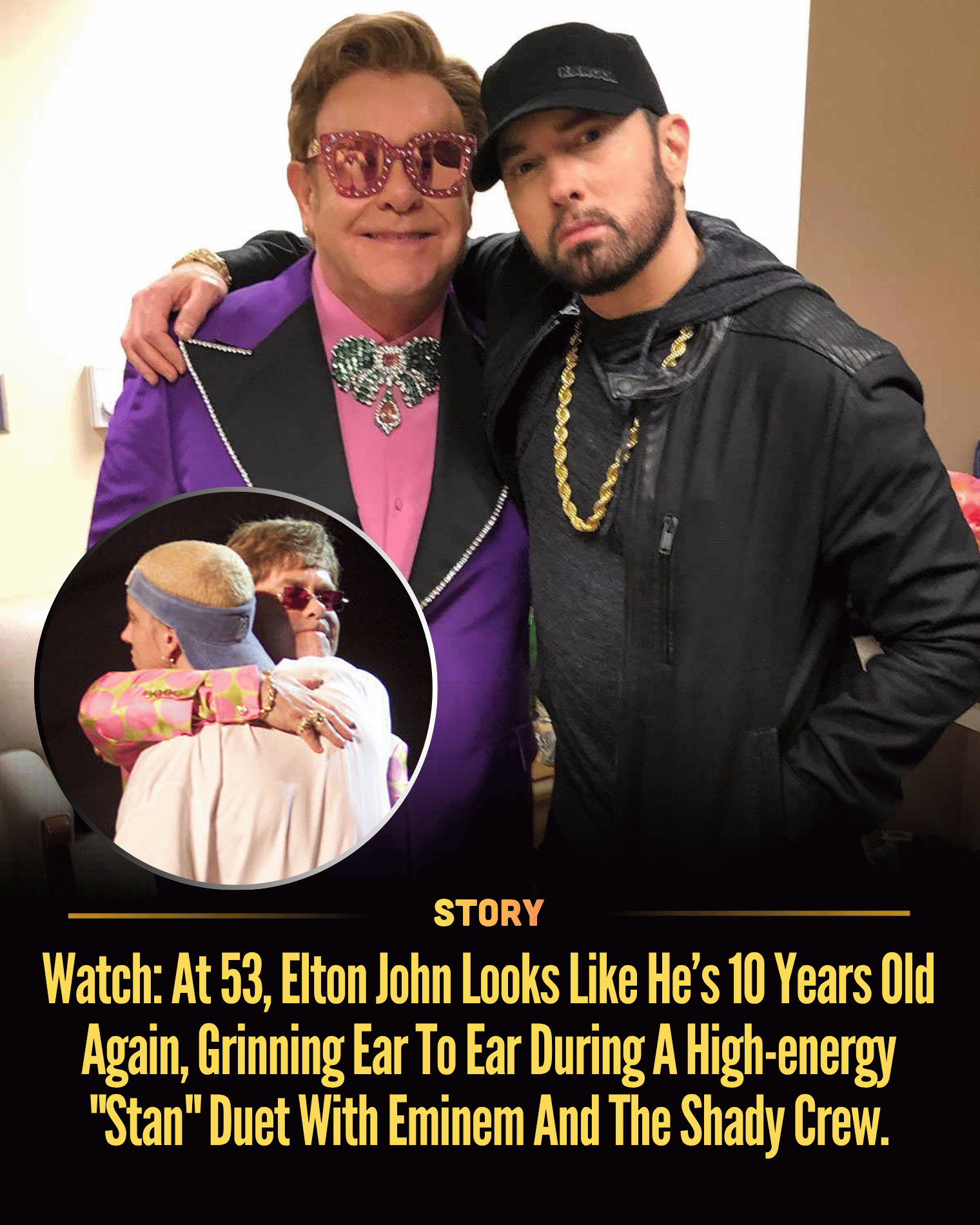 Watch: At 53, Elton John Looks Like He’s 10 Years Old Again, Grinning Ear To Ear During A High-energy “Stan” Duet With Eminem And The Shady Crew.