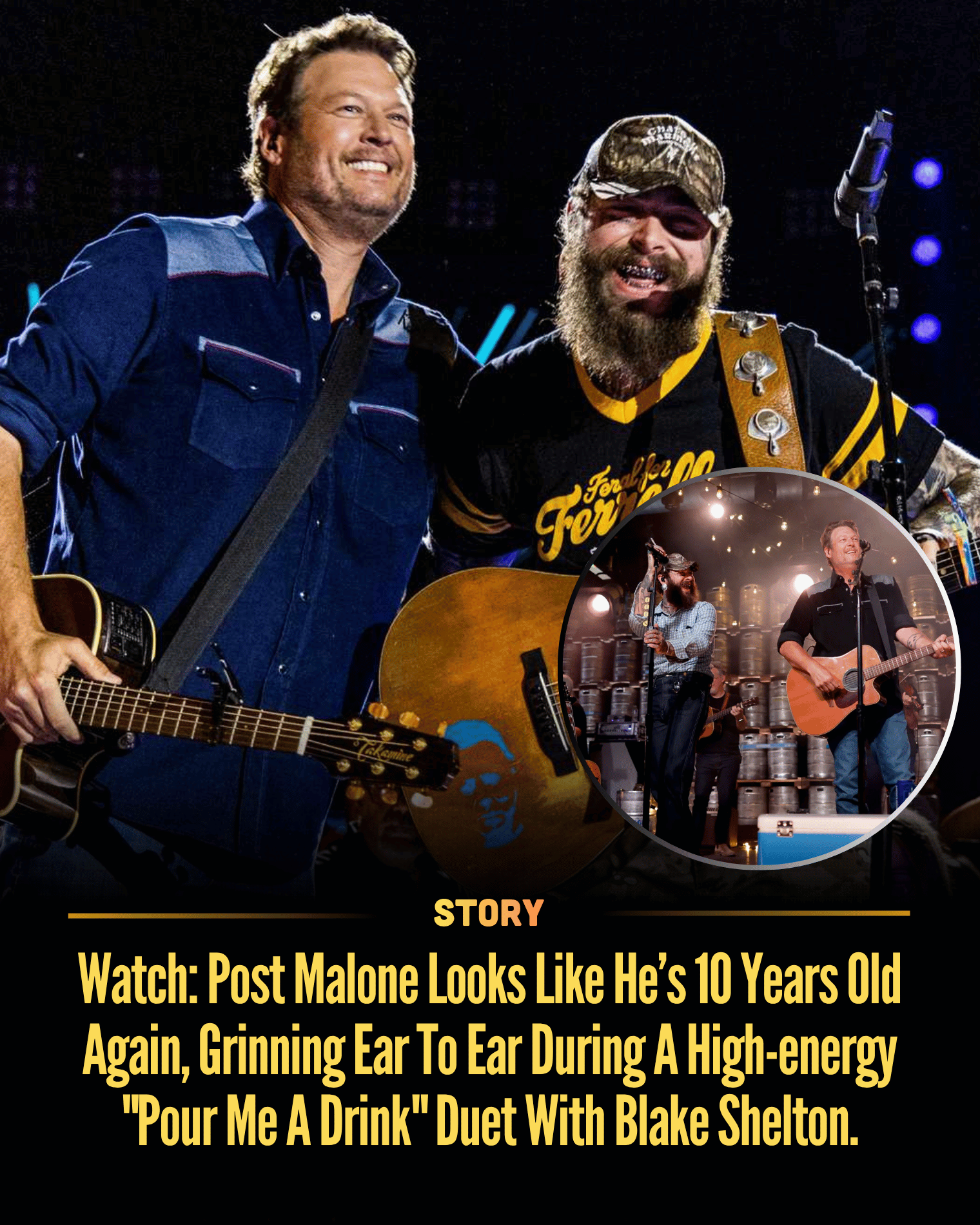 Watch: Post Malone Looks Like He’s 10 Years Old Again, Grinning Ear To Ear During A High-energy “Pour Me A Drink” Duet With Blake Shelton.