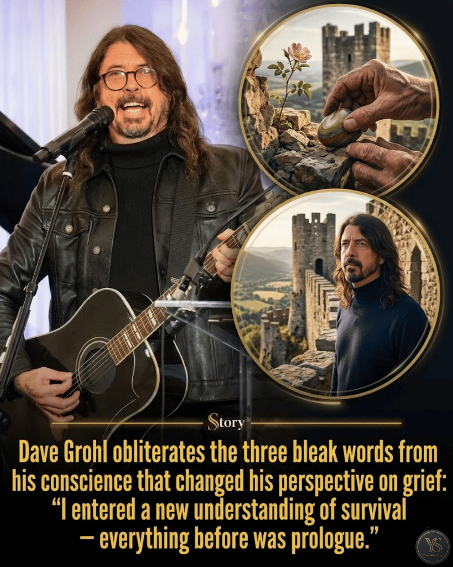 Dave Grohl obliterates the three bleak words from his conscience that changed his perspective on grief: “I entered a new understanding of survival — everything before was prologue.”