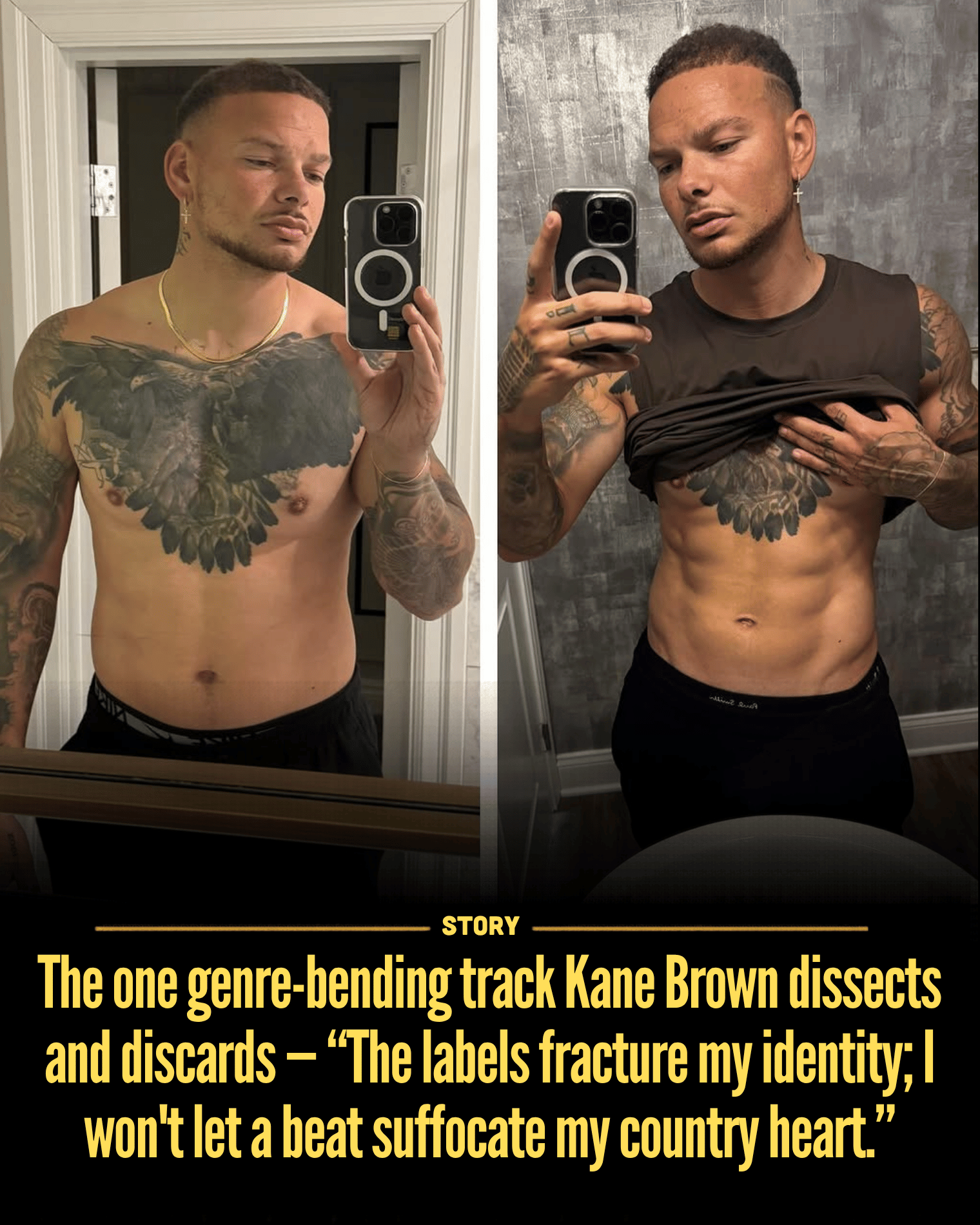 The one genre-bending track Kane Brown dissects and discards — “The labels fracture my identity; I won’t let a beat suffocate my country heart.”