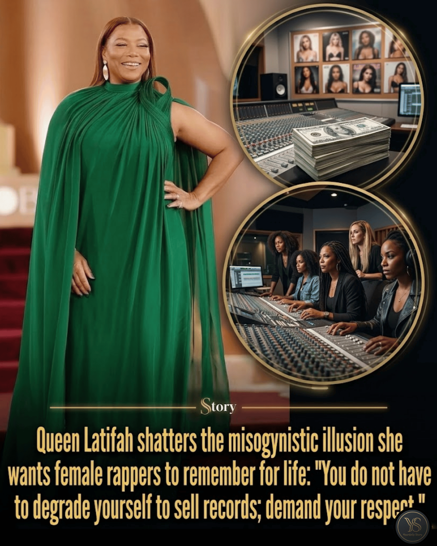 Queen Latifah shatters the misogynistic illusion she wants female rappers to remember for life: “You do not have to degrade yourself to sell records; demand your respect.”