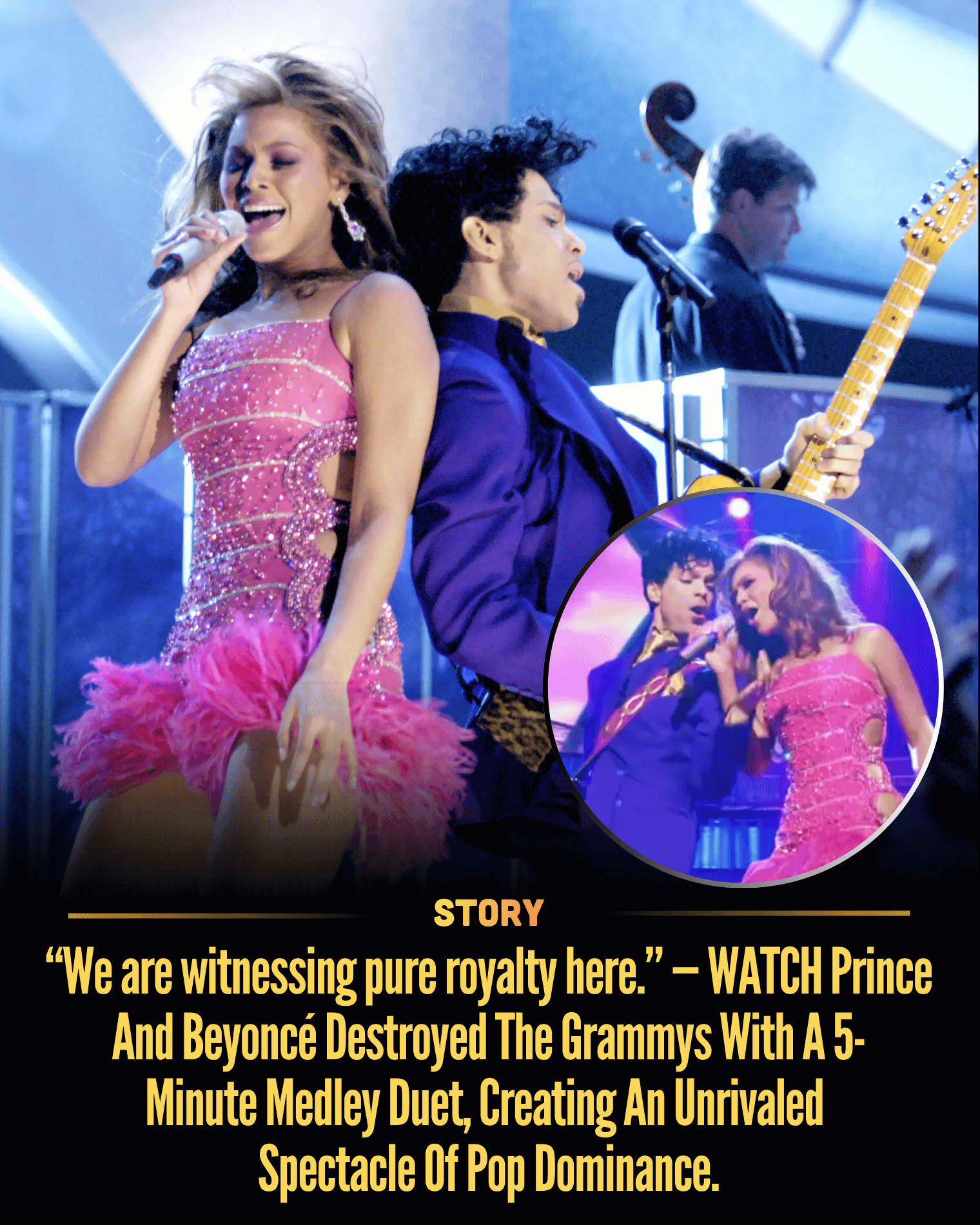 “We are witnessing pure royalty here.” — WATCH Prince And Beyoncé Destroyed The Grammys With A 5-Minute Medley Duet, Creating An Unrivaled Spectacle Of Pop Dominance.