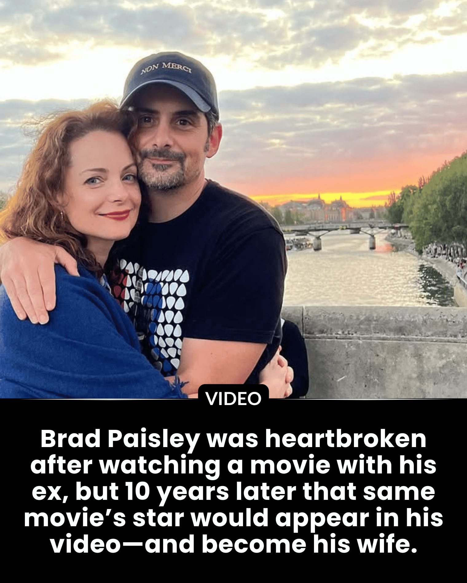 Brad Paisley was heartbroken after watching a movie with his ex, but 10 years later that same movie’s star would appear in his video—and become his wife.
