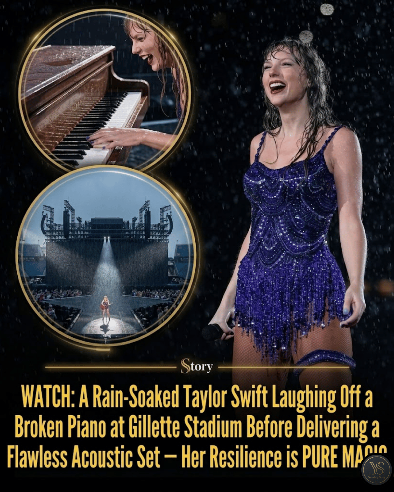 WATCH: A Rain-Soaked Taylor Swift Laughing Off a Broken Piano at Gillette Stadium Before Delivering a Flawless Acoustic Set — Her Resilience is PURE MAGIC.