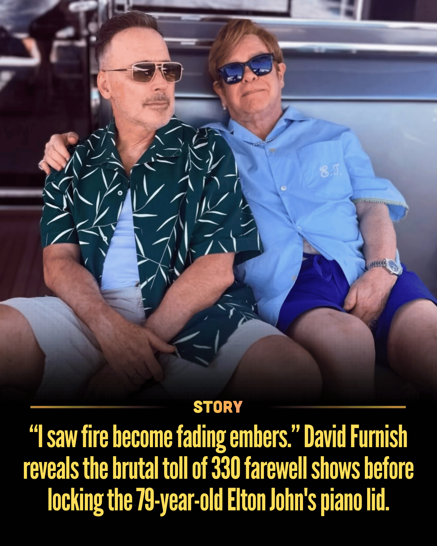 “I saw fire become fading embers.” David Furnish reveals the brutal toll of 330 farewell shows before locking the 79-year-old Elton John’s piano lid.