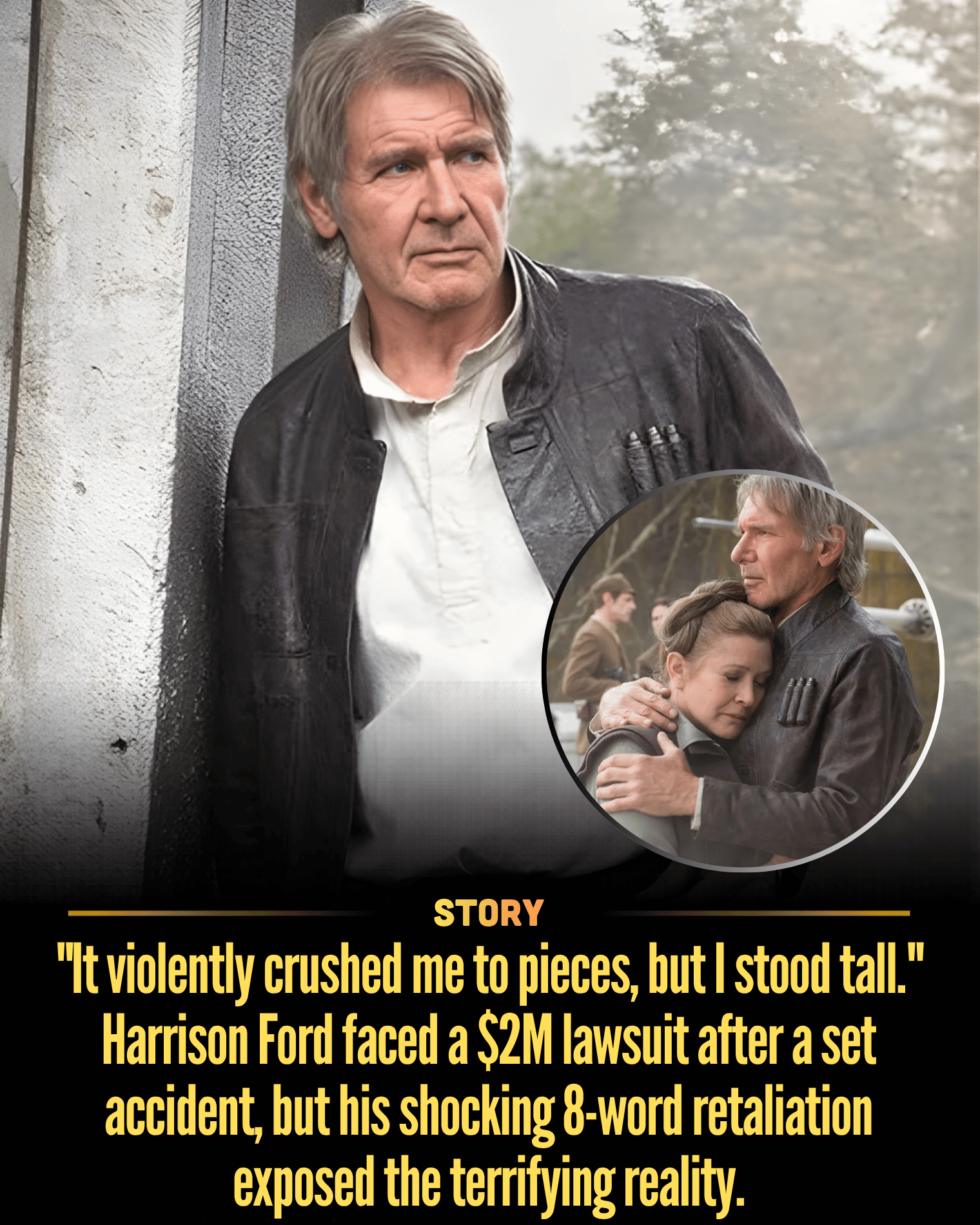 “It violently crushed me to pieces, but I stood tall.” Harrison Ford faced a $2M lawsuit after a set accident, but his shocking 8-word retaliation exposed the terrifying reality.