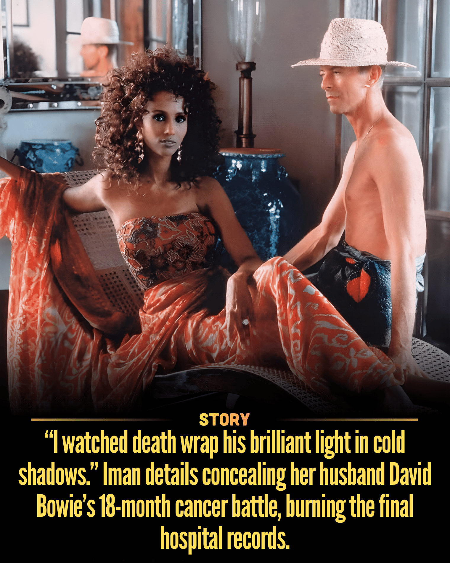 “I watched death wrap his brilliant light in cold shadows.” Iman details concealing her husband David Bowie’s 18-month cancer battle, burning the final hospital records.